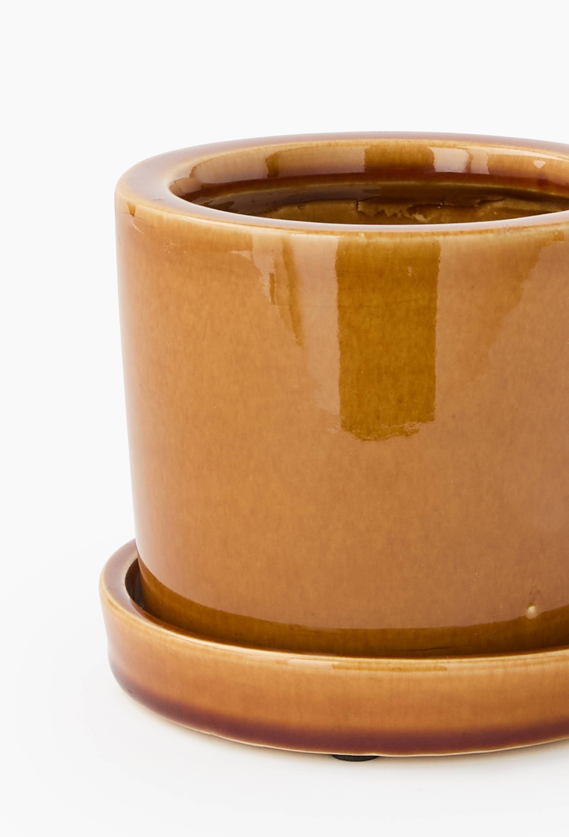 Cache-pot et soucoupe, 14x12cm, en c&eacute;ramique, Brun, large image number 1