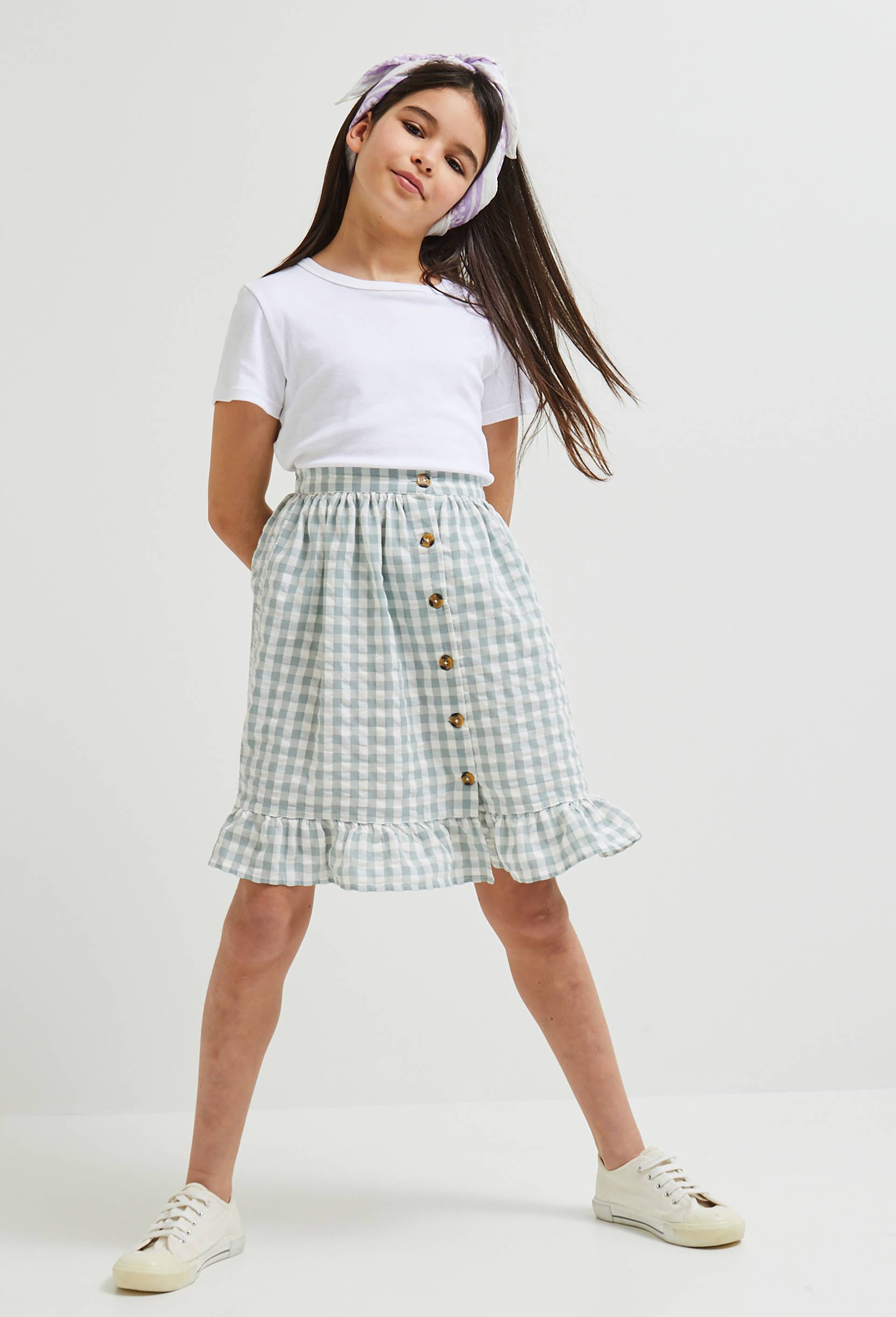 Jupe midi vichy en gaze de coton, coton BIO, Vert clair, large image number 0.0