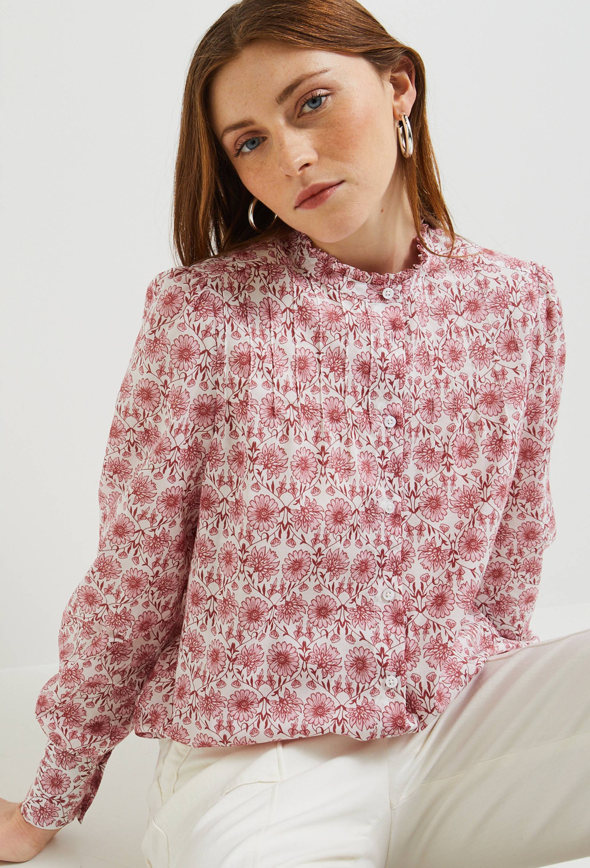 Blouse imprimée col volanté, Coton BIO, Ecru, large image number 0.0