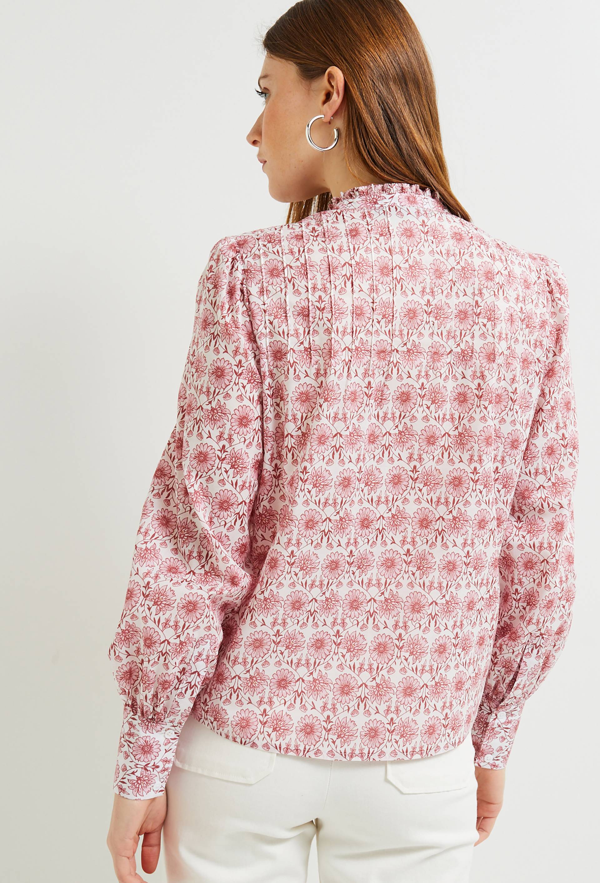 Blouse imprimée col volanté, Coton BIO, Ecru, large image number 1
