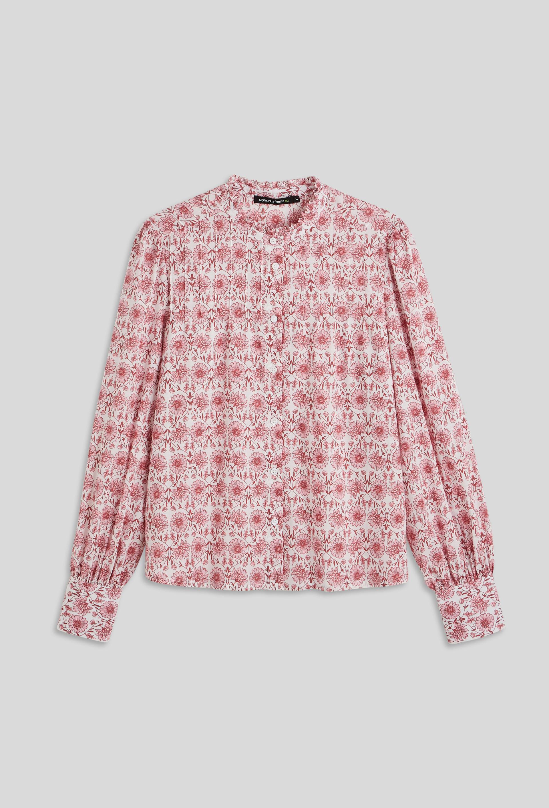 Blouse imprimée col volanté, Coton BIO, Ecru, large image number 2