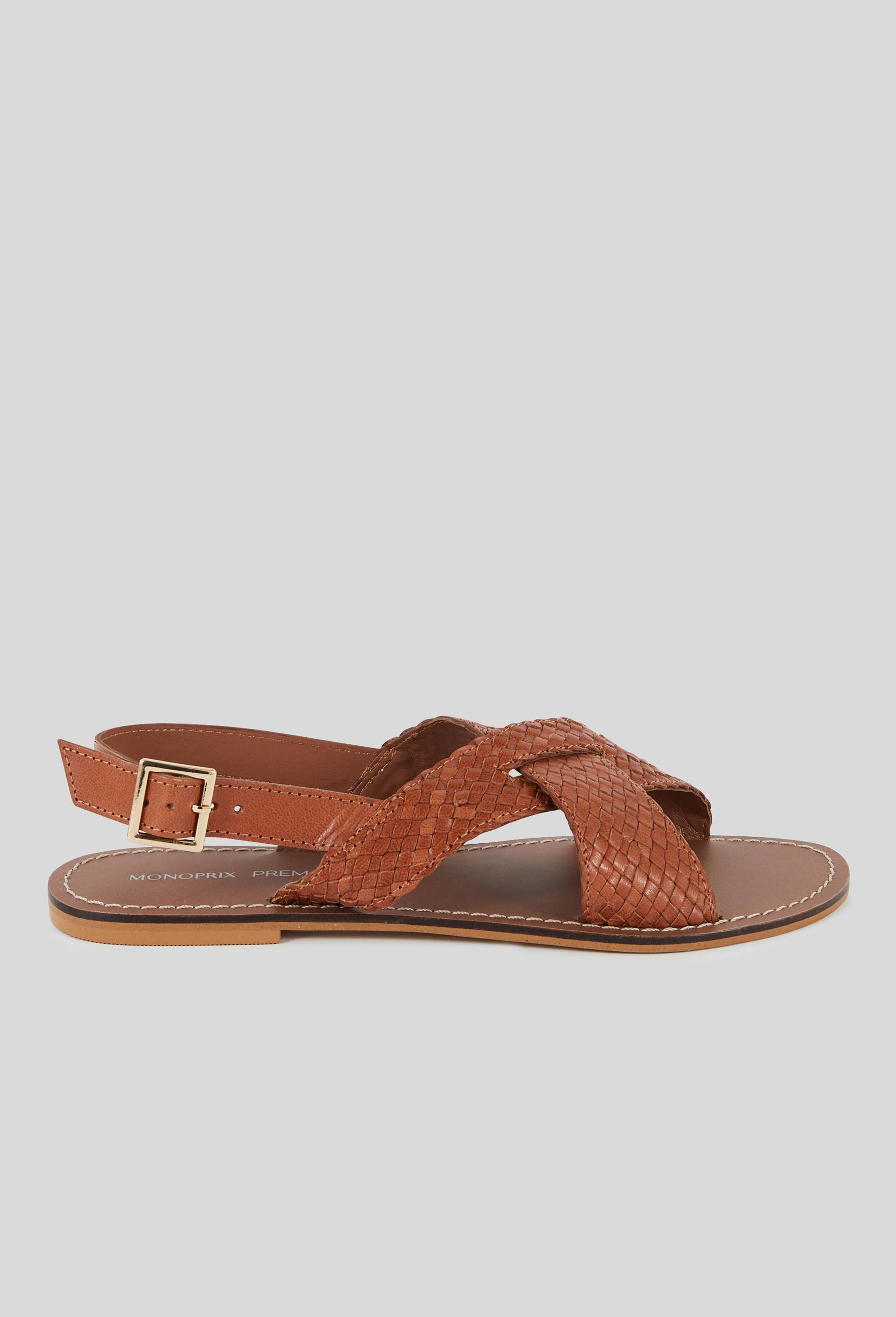 Sandales tress&eacute;es crois&eacute;es, cuir responsable, Beige, large image number 0