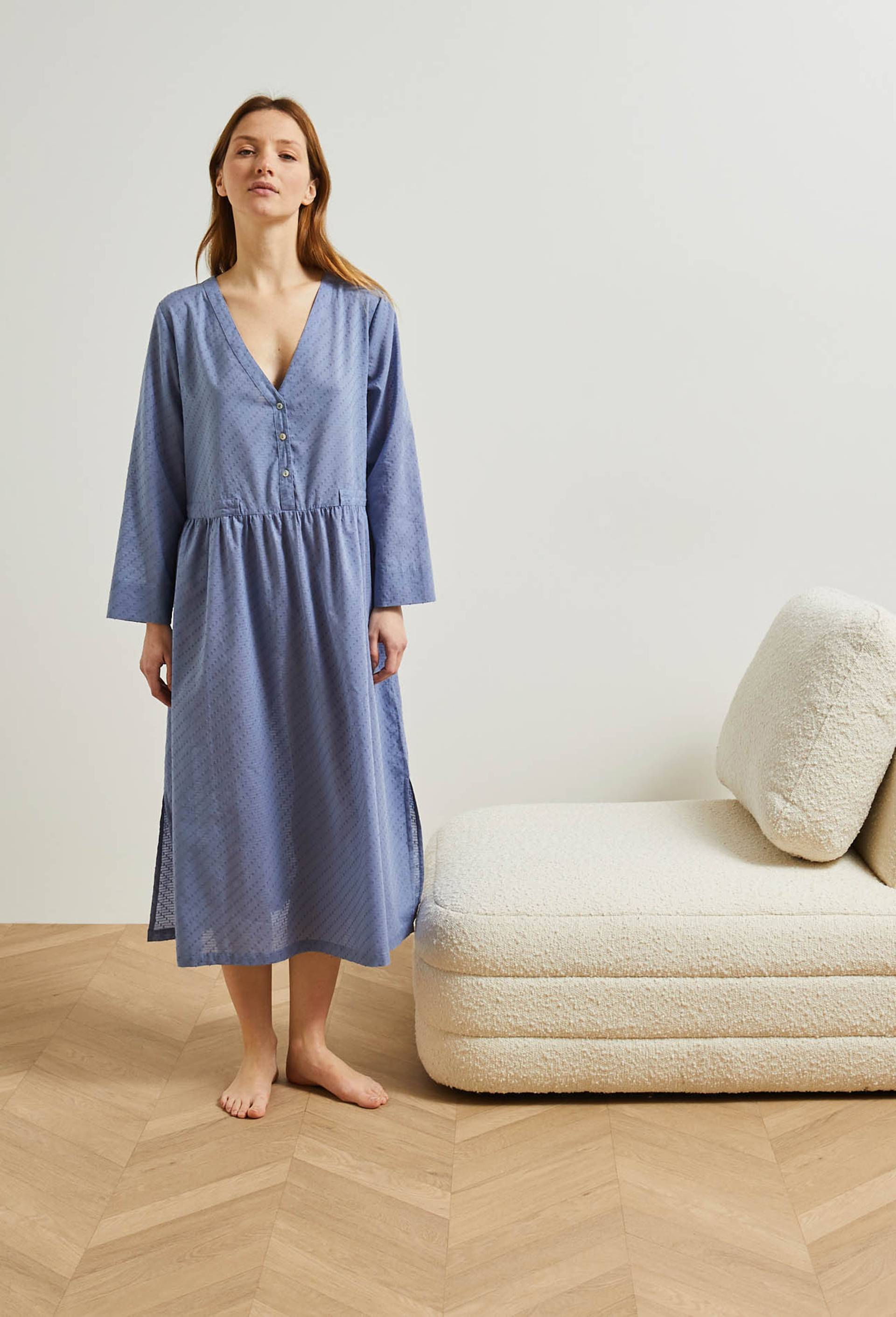 Chemise de nuit unie avec lien en coton, Bio, Bleu, large image number 0.0