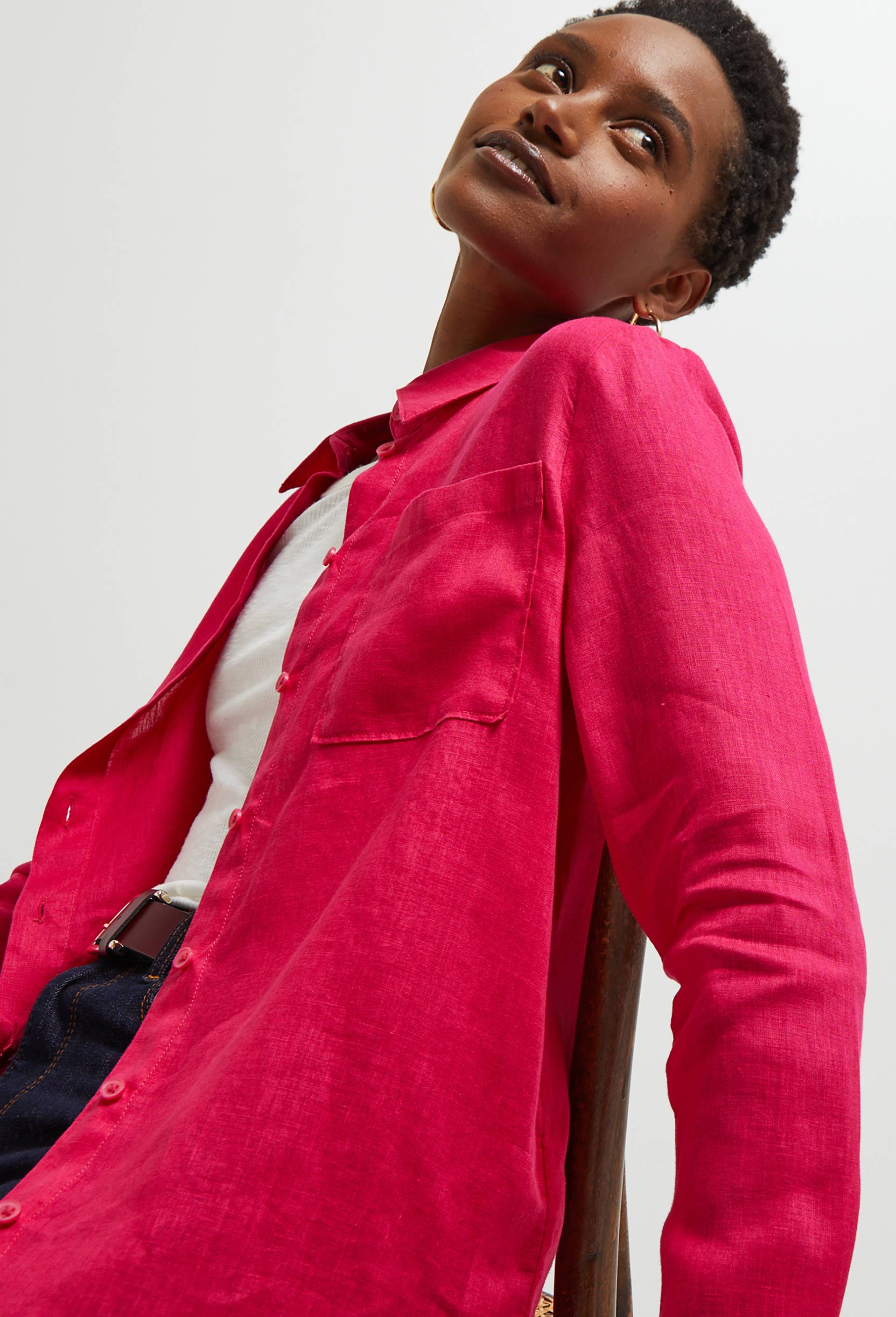 Chemise manches longues unie en lin, Rose foncé, large image number 0