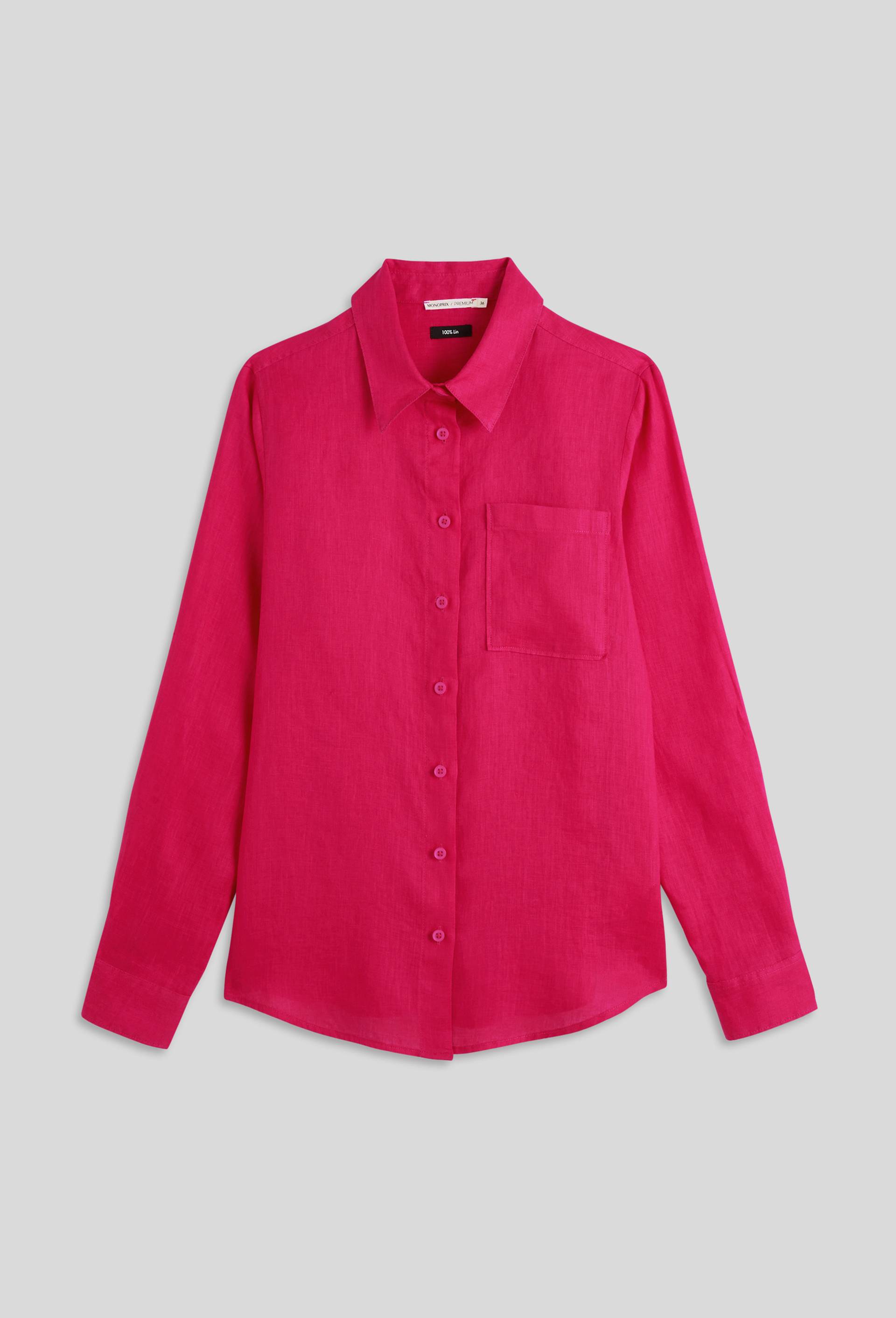 Chemise manches longues unie en lin, Rose foncé, large image number 2