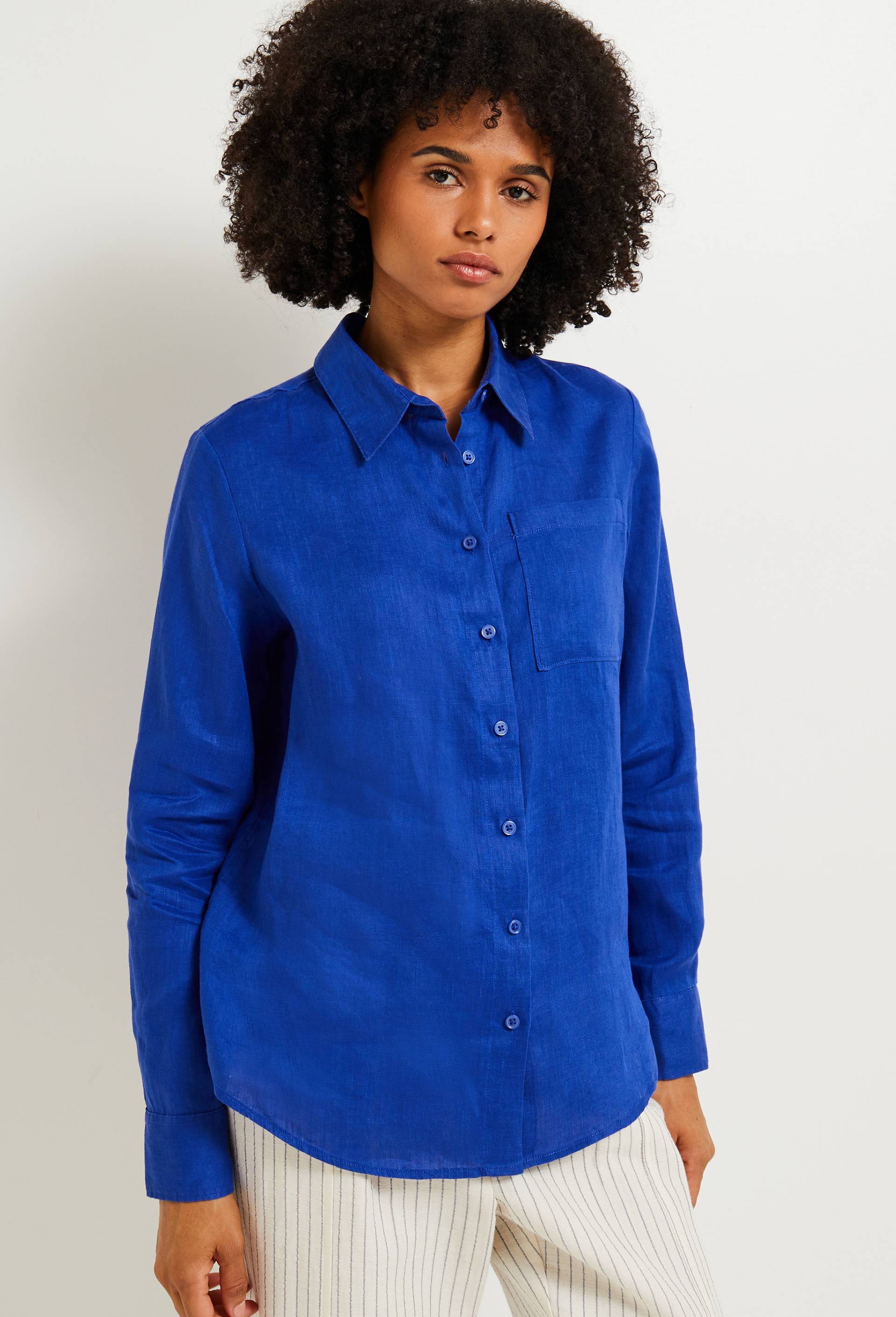 Chemise manches longues unie en lin, Bleu, large image number 0