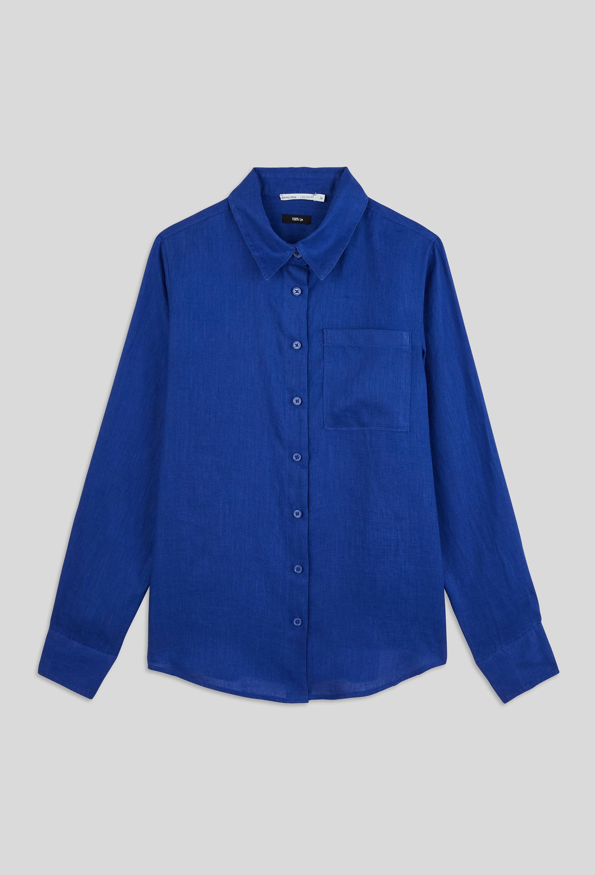 Chemise manches longues unie en lin, Bleu, large image number 2