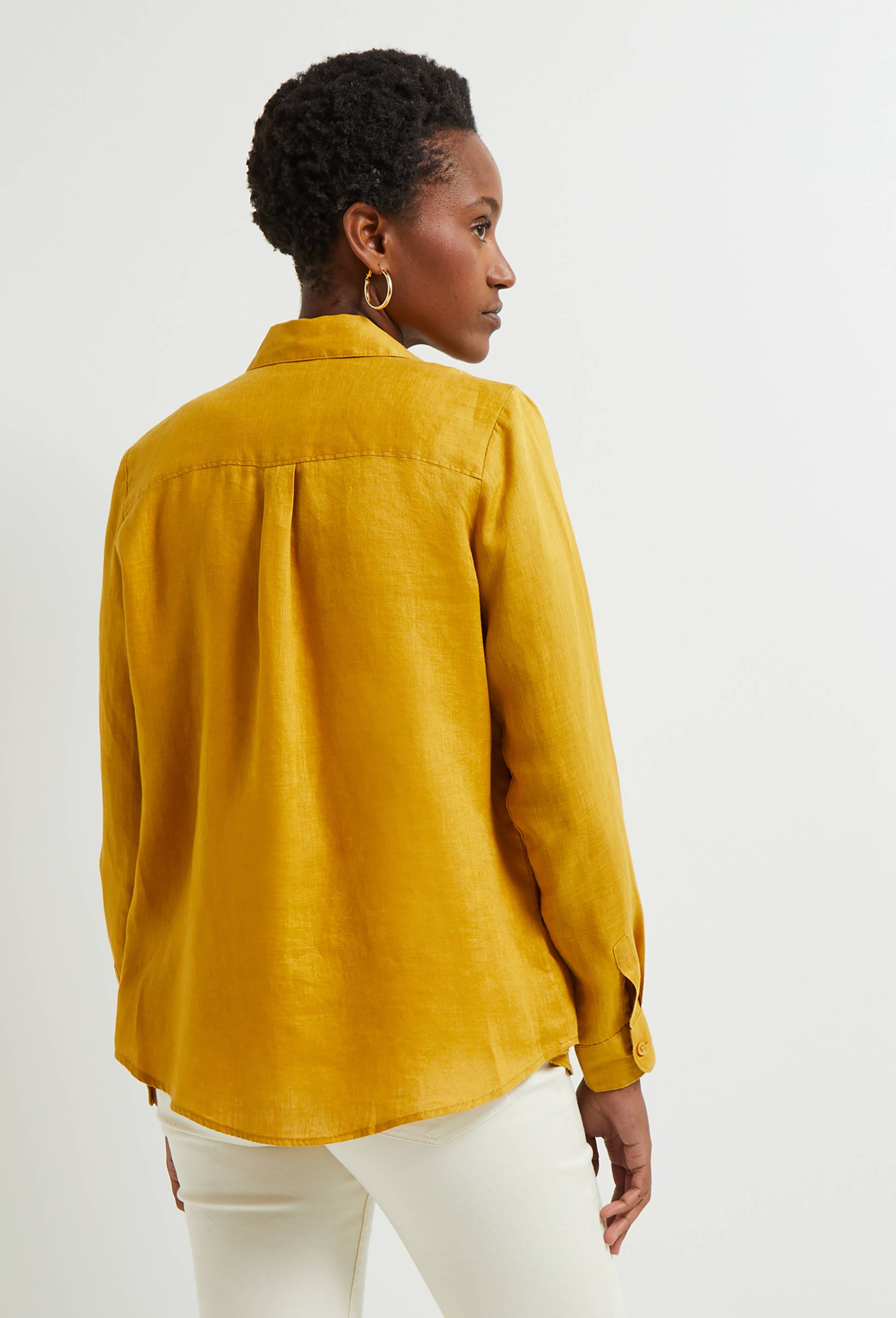 Chemise manches longues unie en lin, Jaune foncé, large image number 1.0