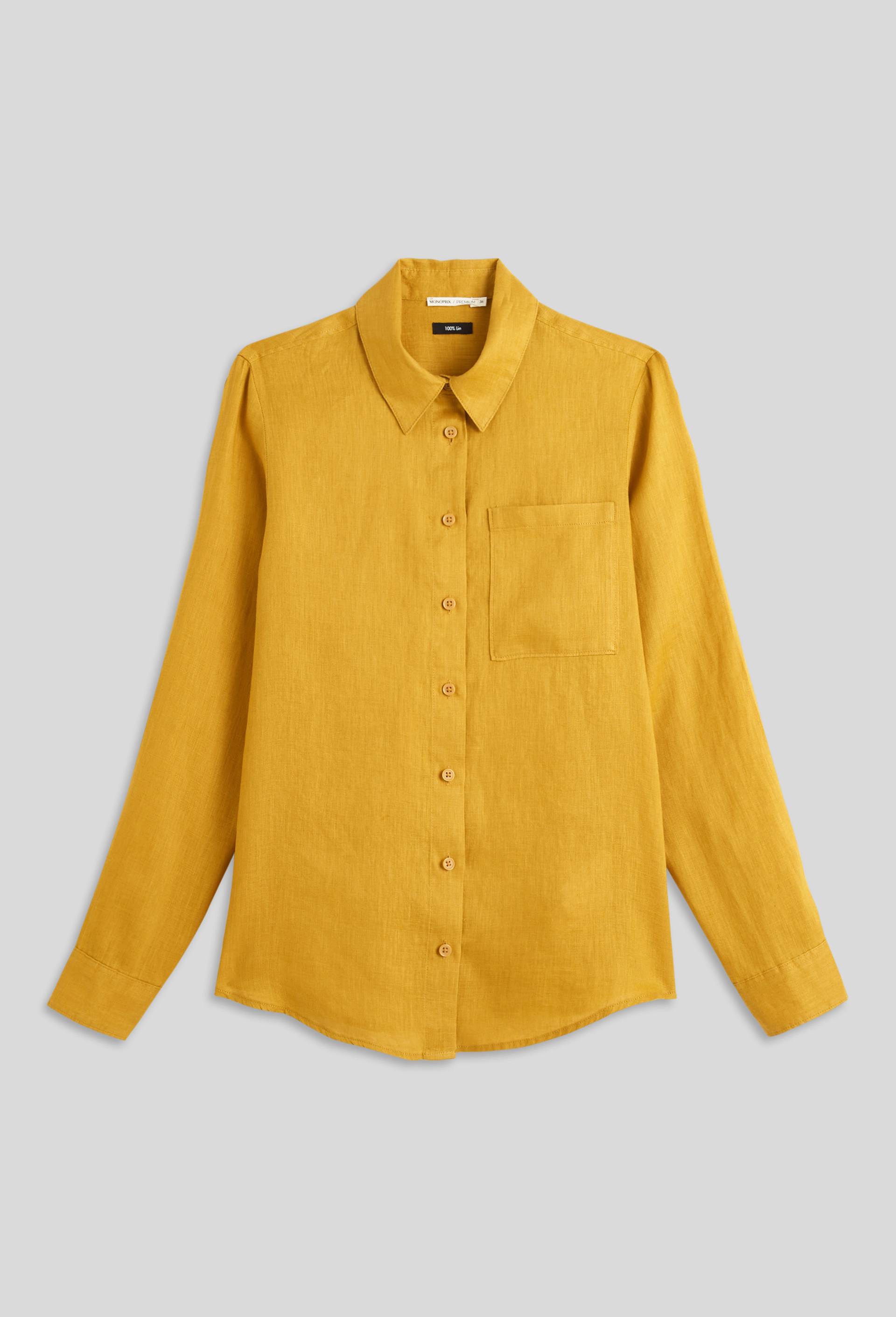 Chemise manches longues unie en lin, Jaune foncé, large image number 2.0
