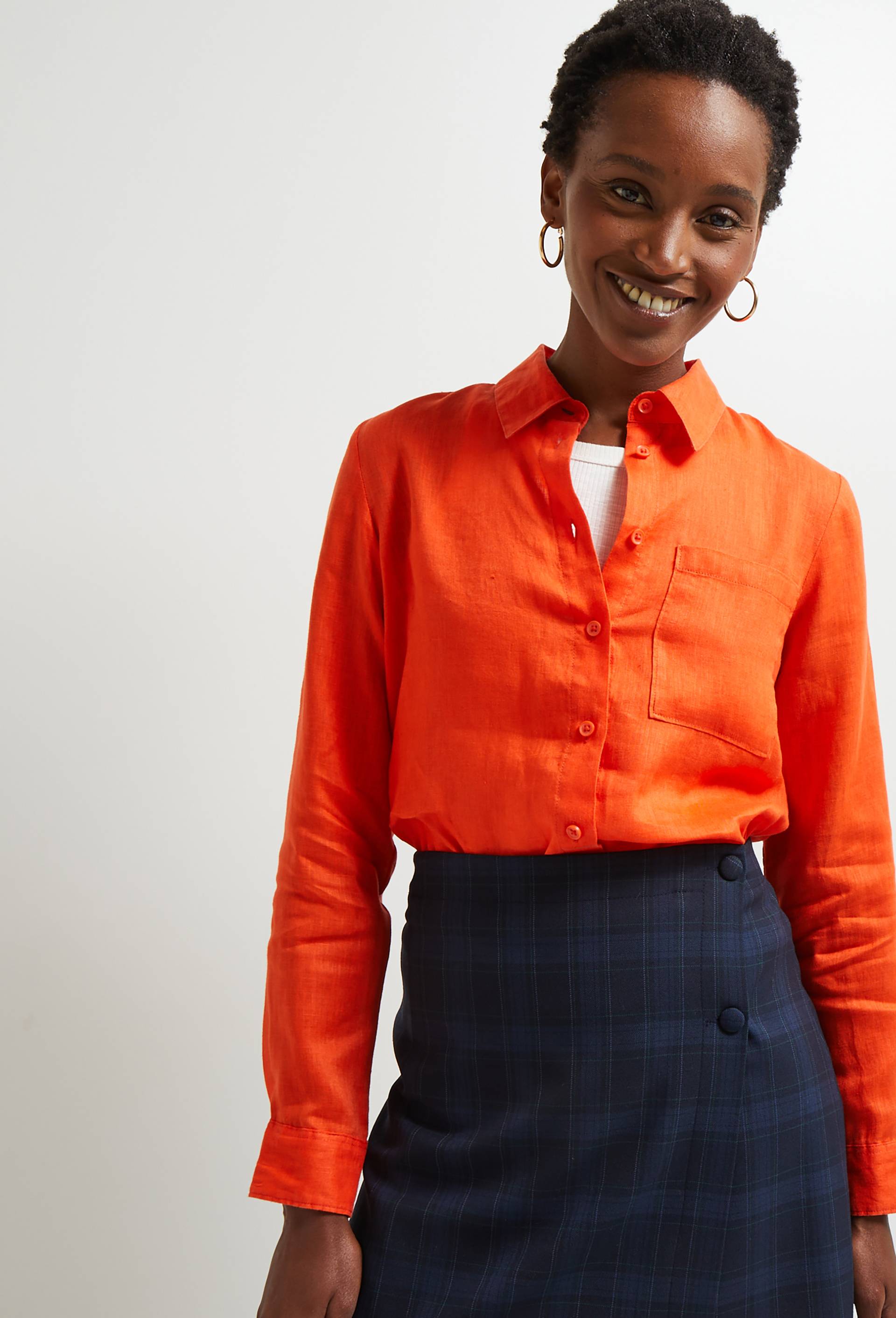 Chemise manches longues unie en lin, Orange, large image number 0.0