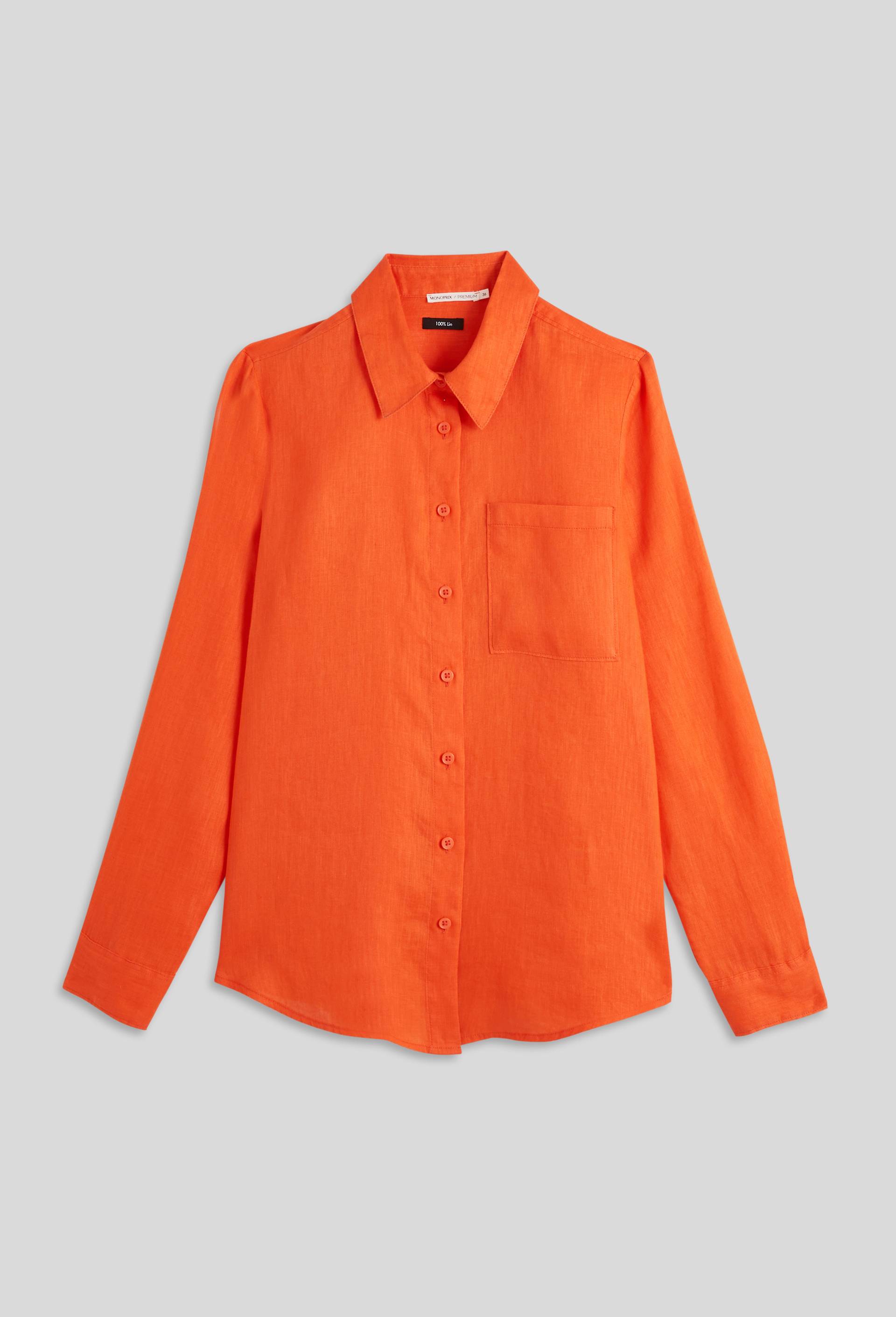 Chemise manches longues unie en lin, Orange, large image number 2.0