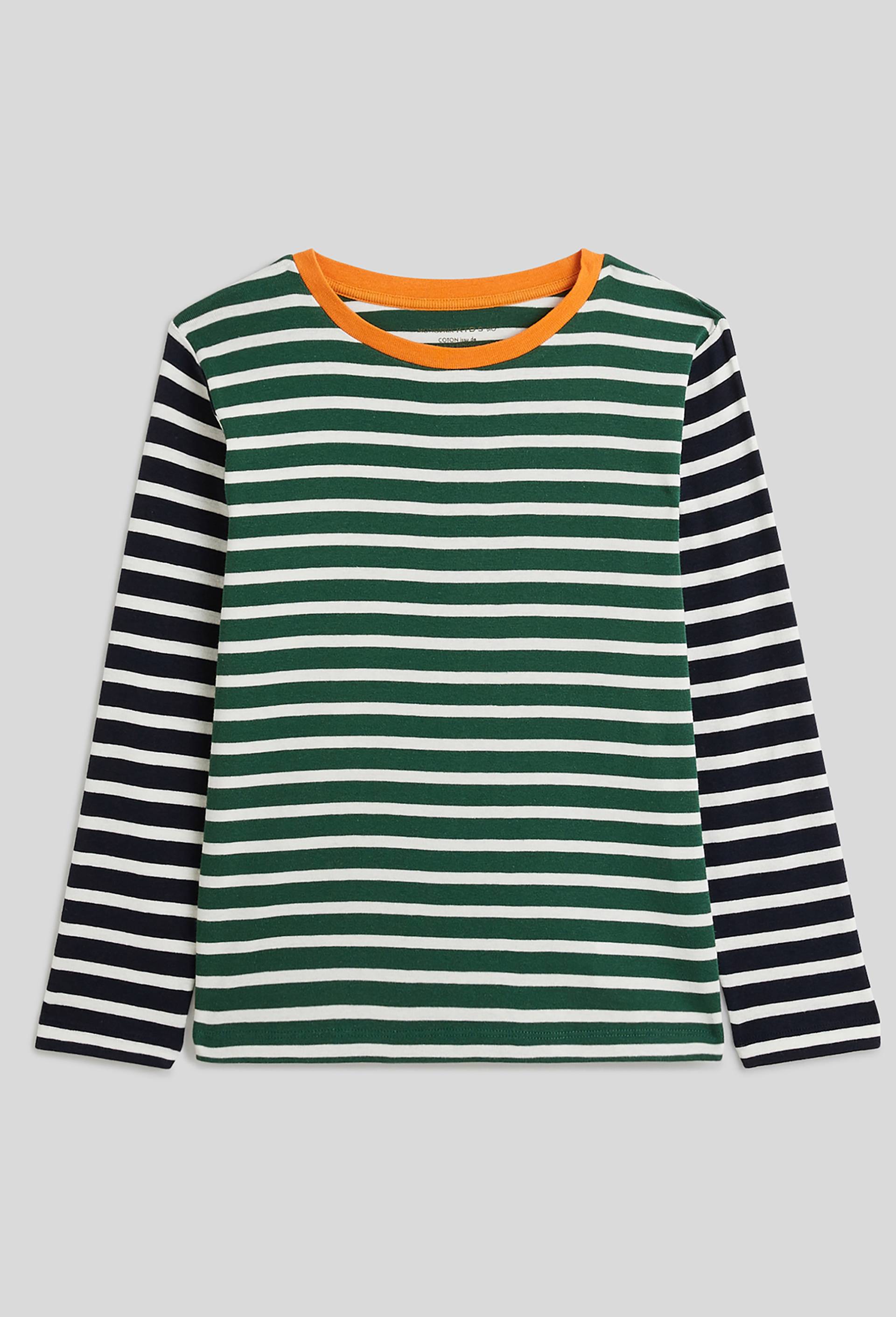 T-shirt manches longues rayé tricolore, BIO, Vert foncé, large image number 0