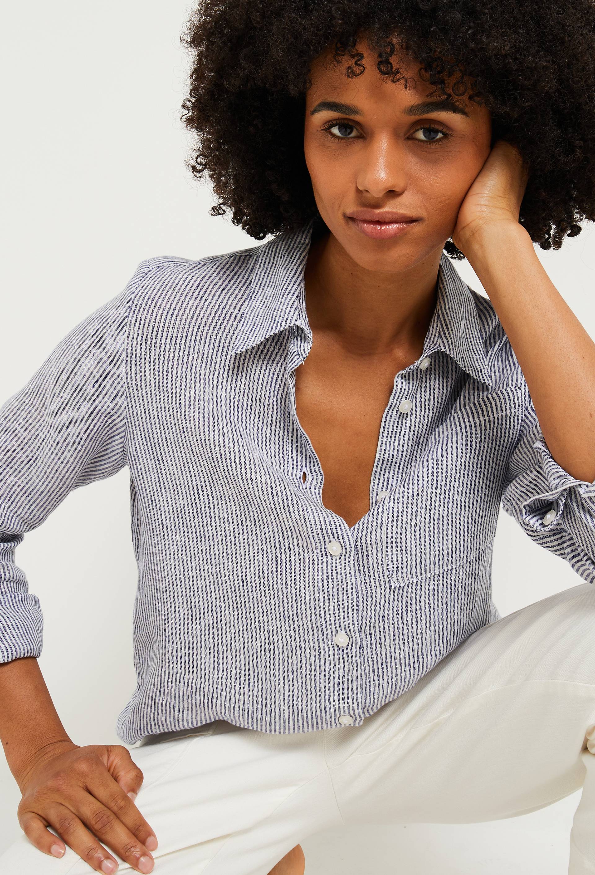 Chemise en lin ray&eacute;e,  certifi&eacute; European flax, Bleu, large image number 0
