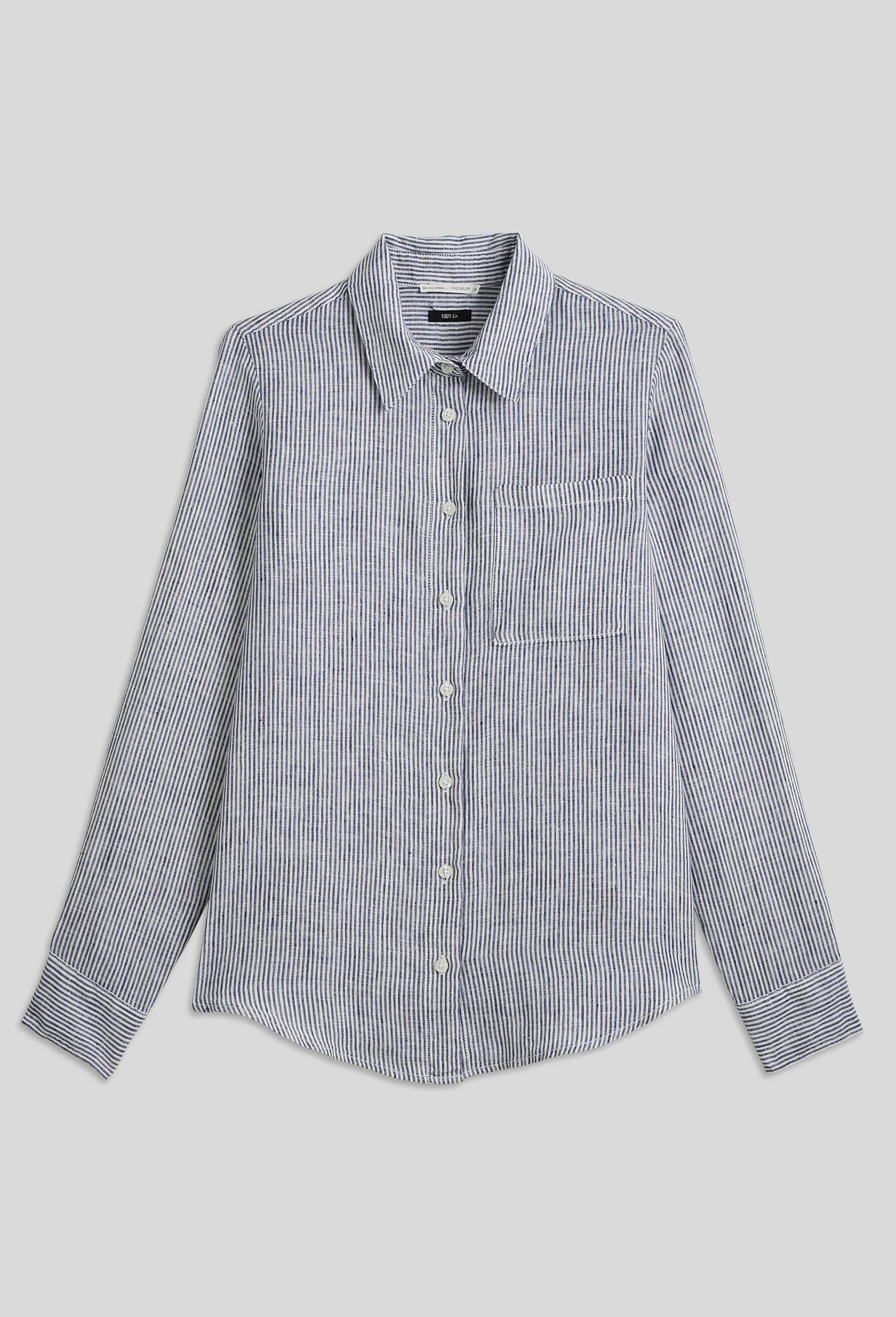 Chemise en lin ray&eacute;e,  certifi&eacute; European flax, Bleu, large image number 2