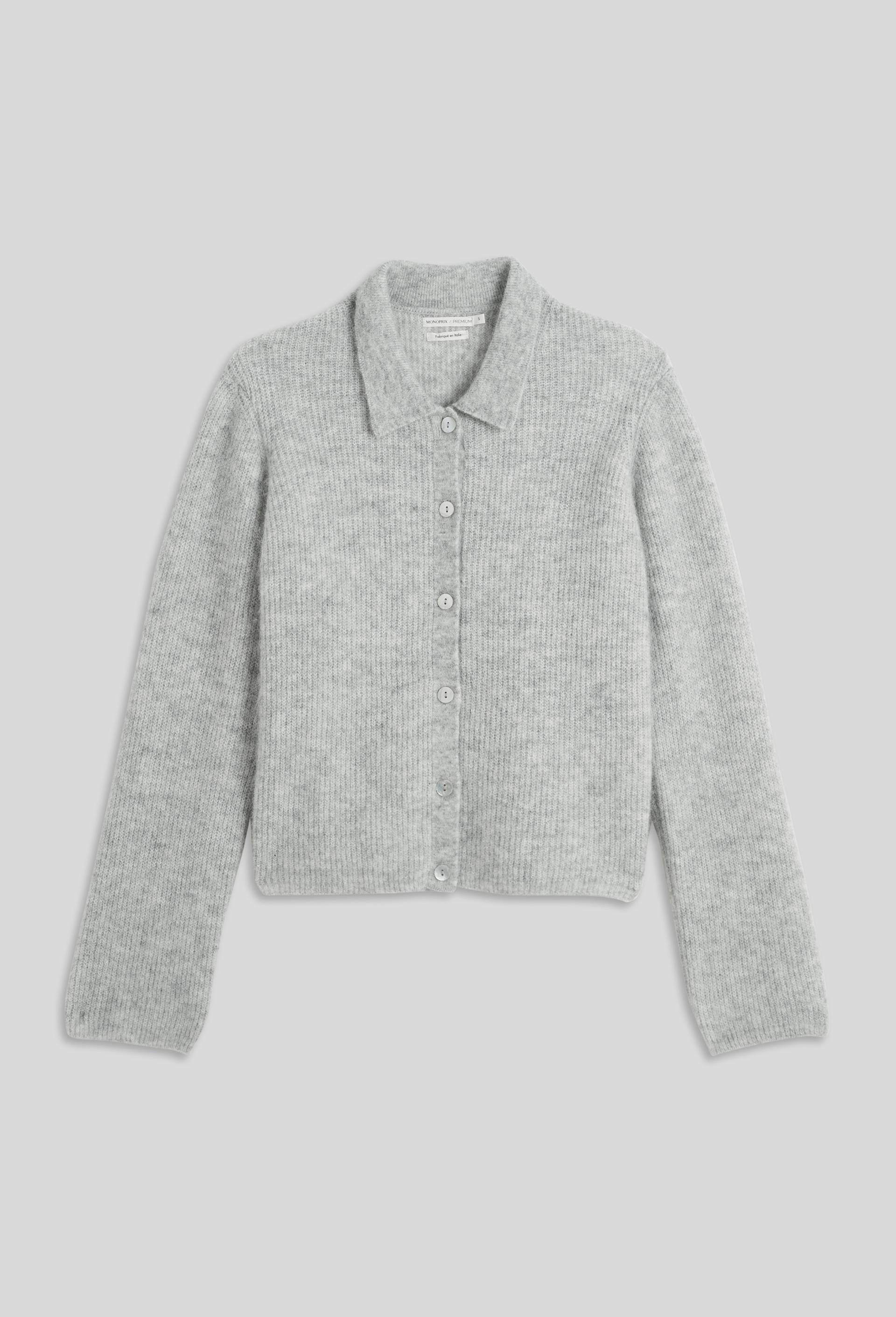 Cardigan col polo contenant de l'alpaga, Gris, large image number 2