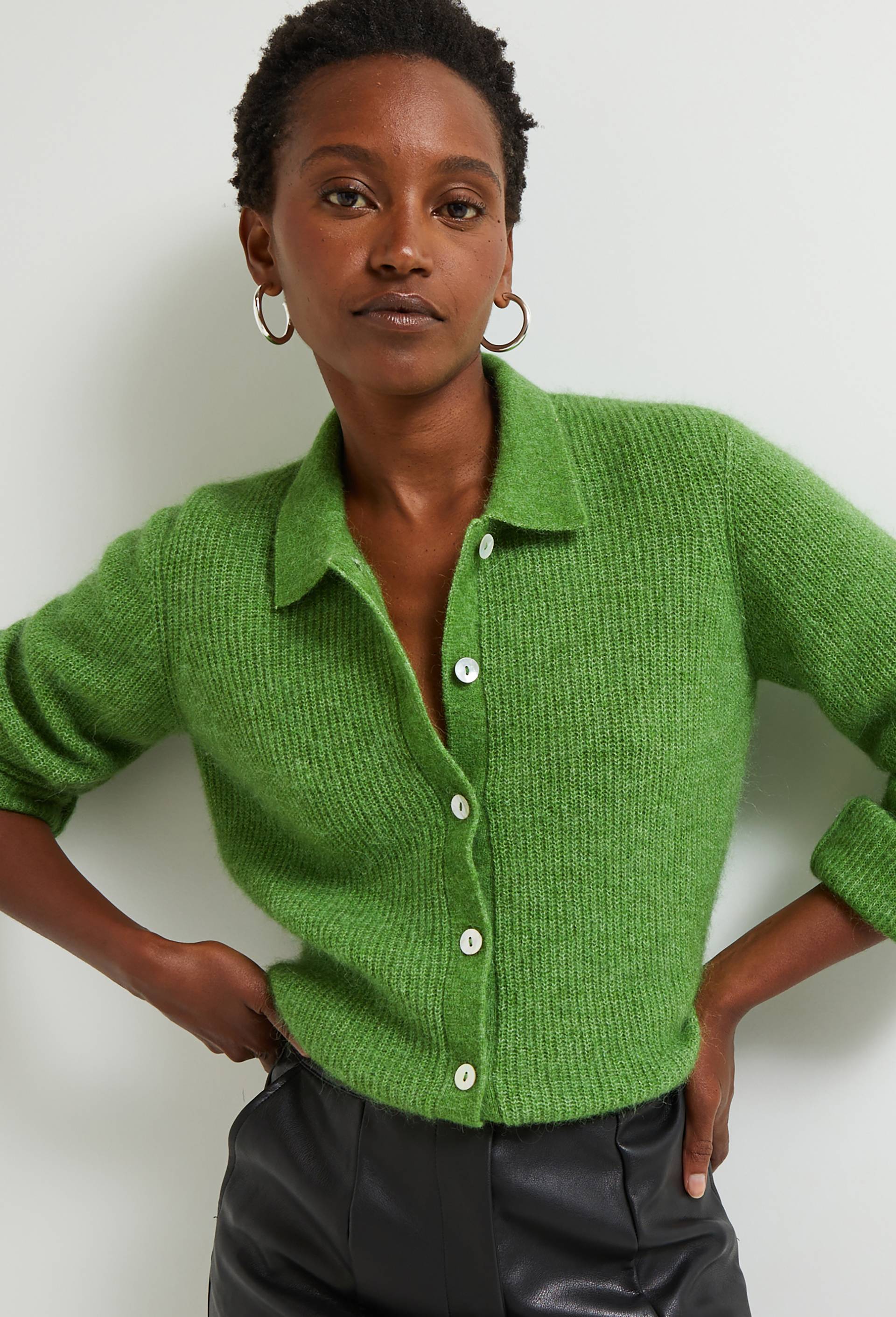 Cardigan col polo contenant de l'alpaga, Vert, large image number 0