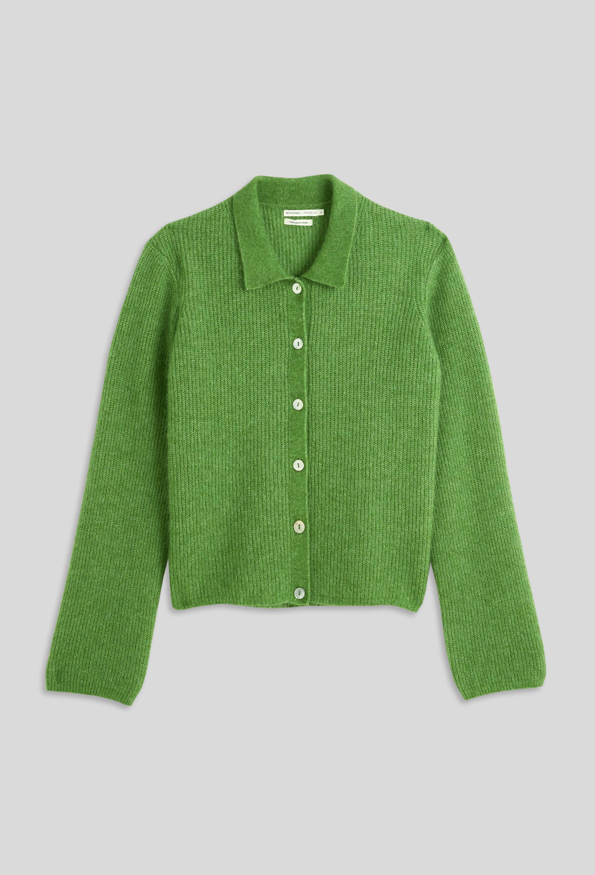Cardigan col polo contenant de l'alpaga, Vert, large image number 2