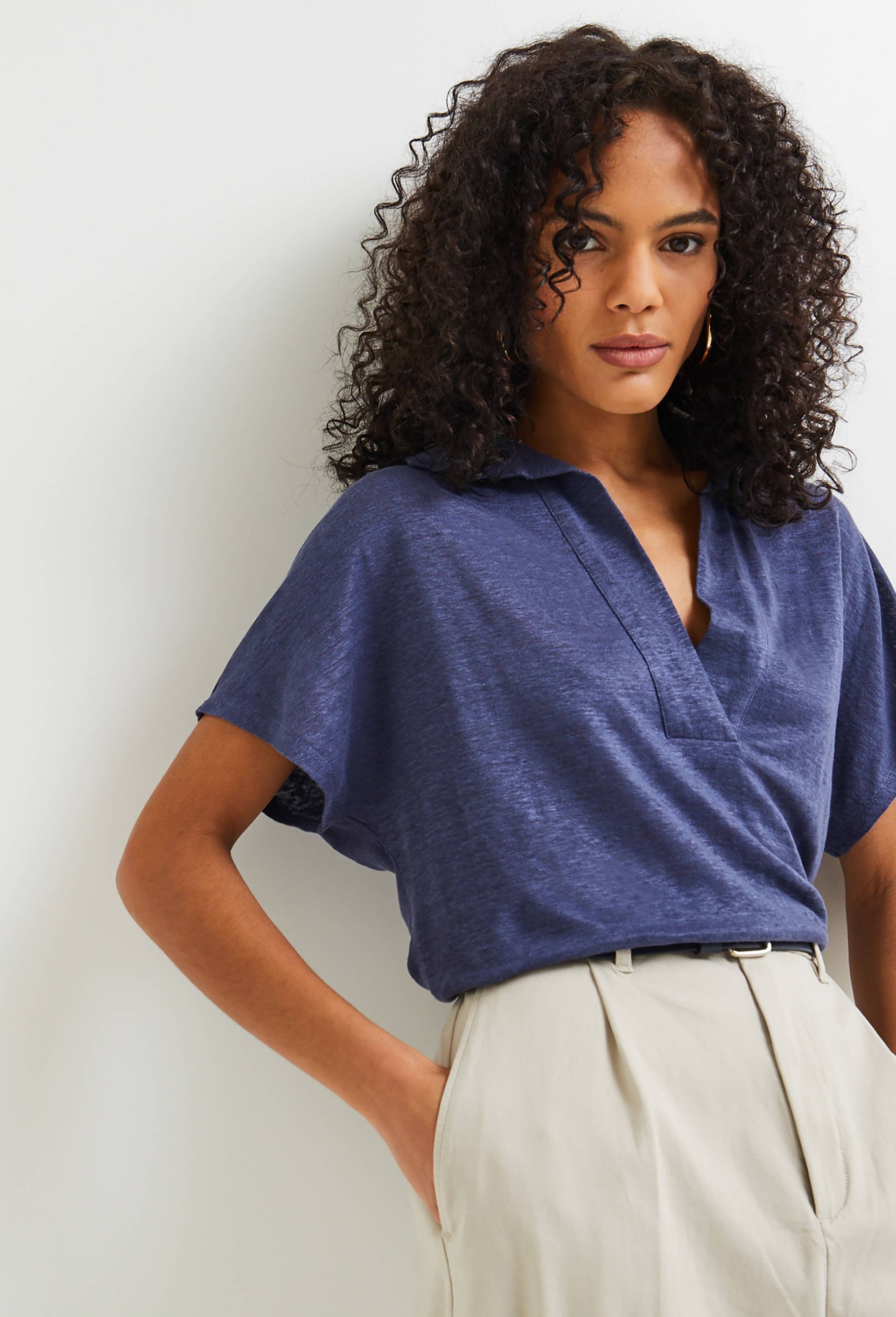 Polo uni en lin European Flax, Oeko-Tex, Bleu foncé, large image number 0.0