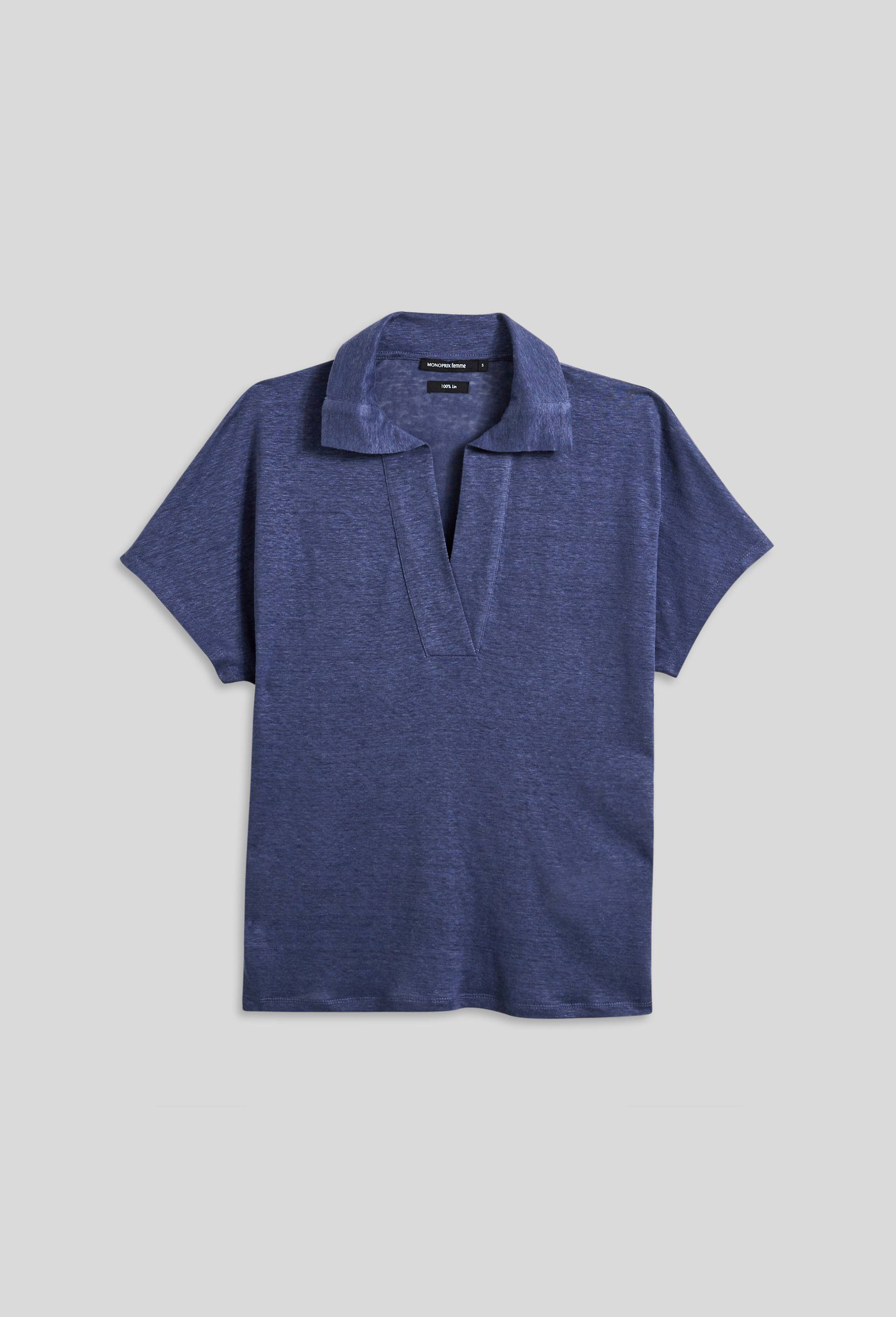 Polo uni en lin European Flax, Oeko-Tex, Bleu foncé, large image number 2.0