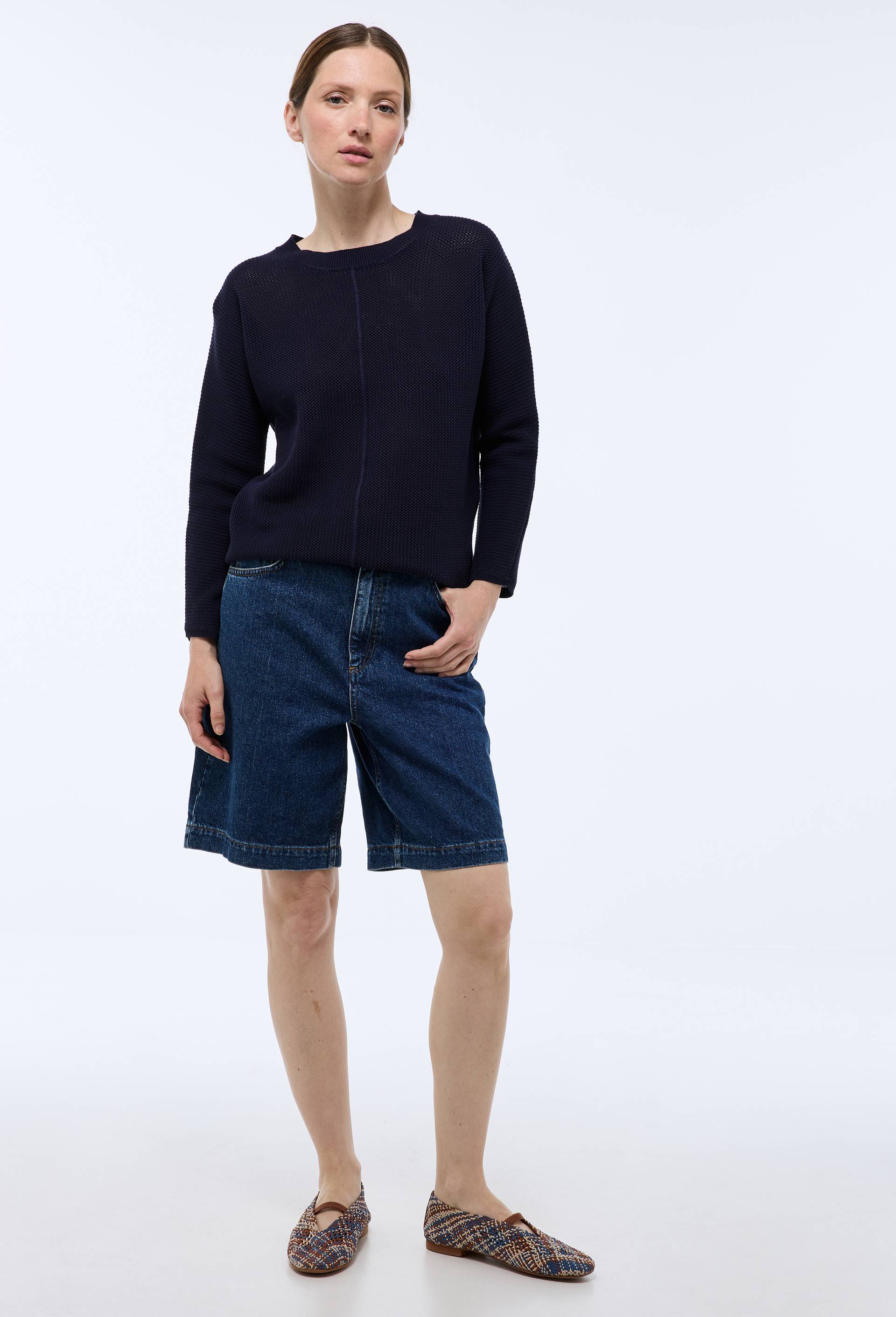 Pull à maille ajourée en coton, Bleu foncé, swatch image
