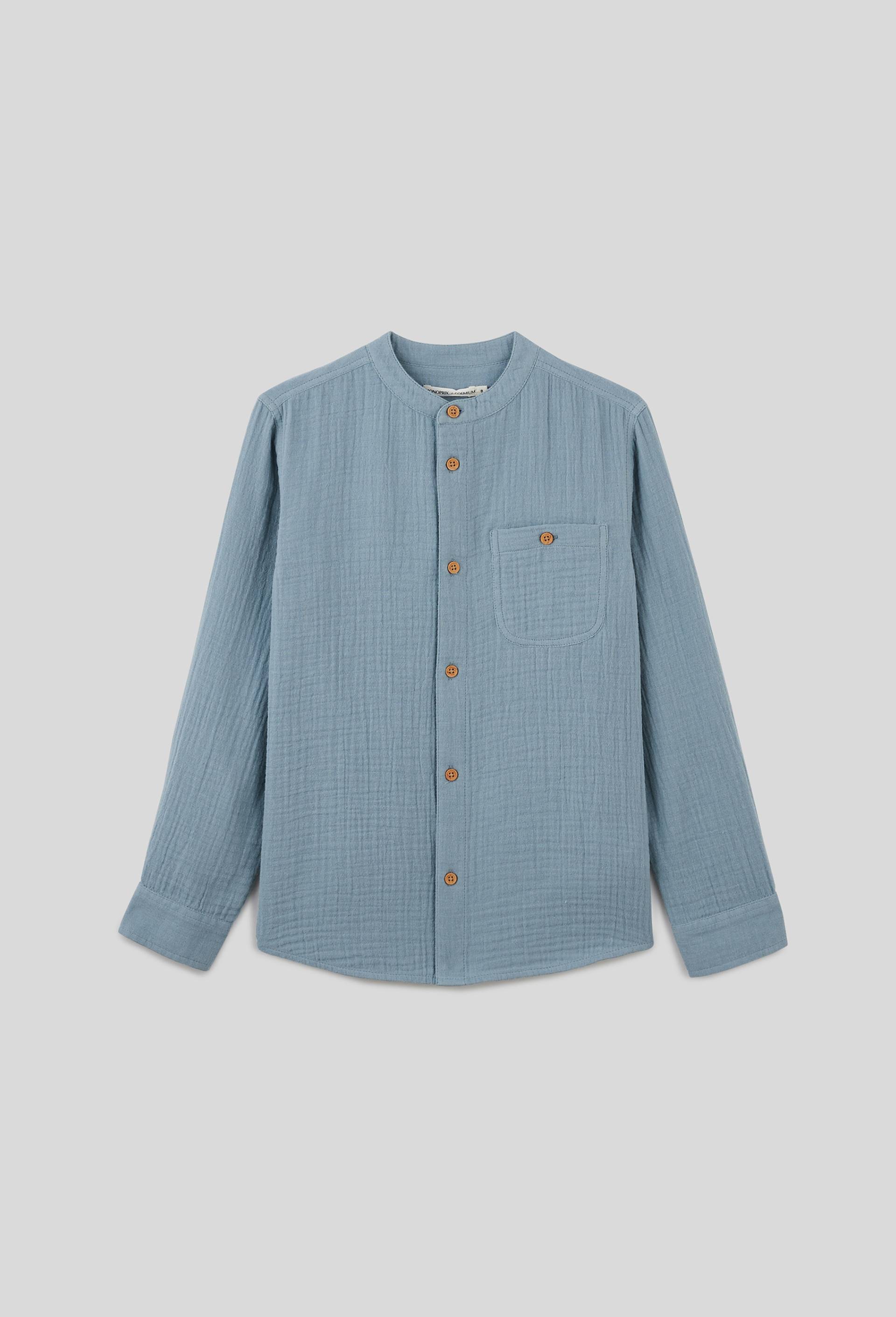 Chemise col mao unie en gaze de coton BIO GOTS, BLEU, large image number 0