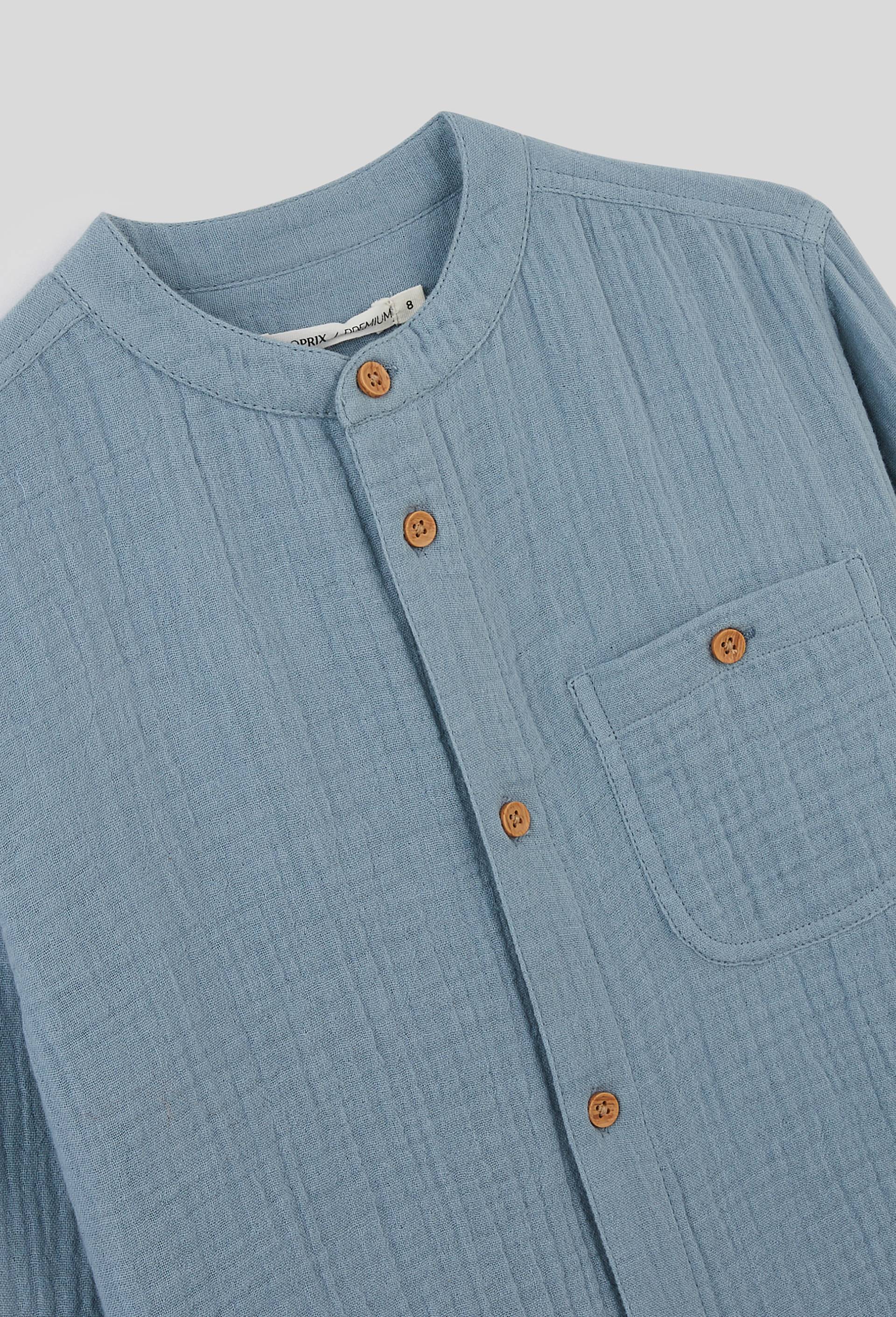 Chemise col mao unie en gaze de coton BIO GOTS, BLEU, large image number 2
