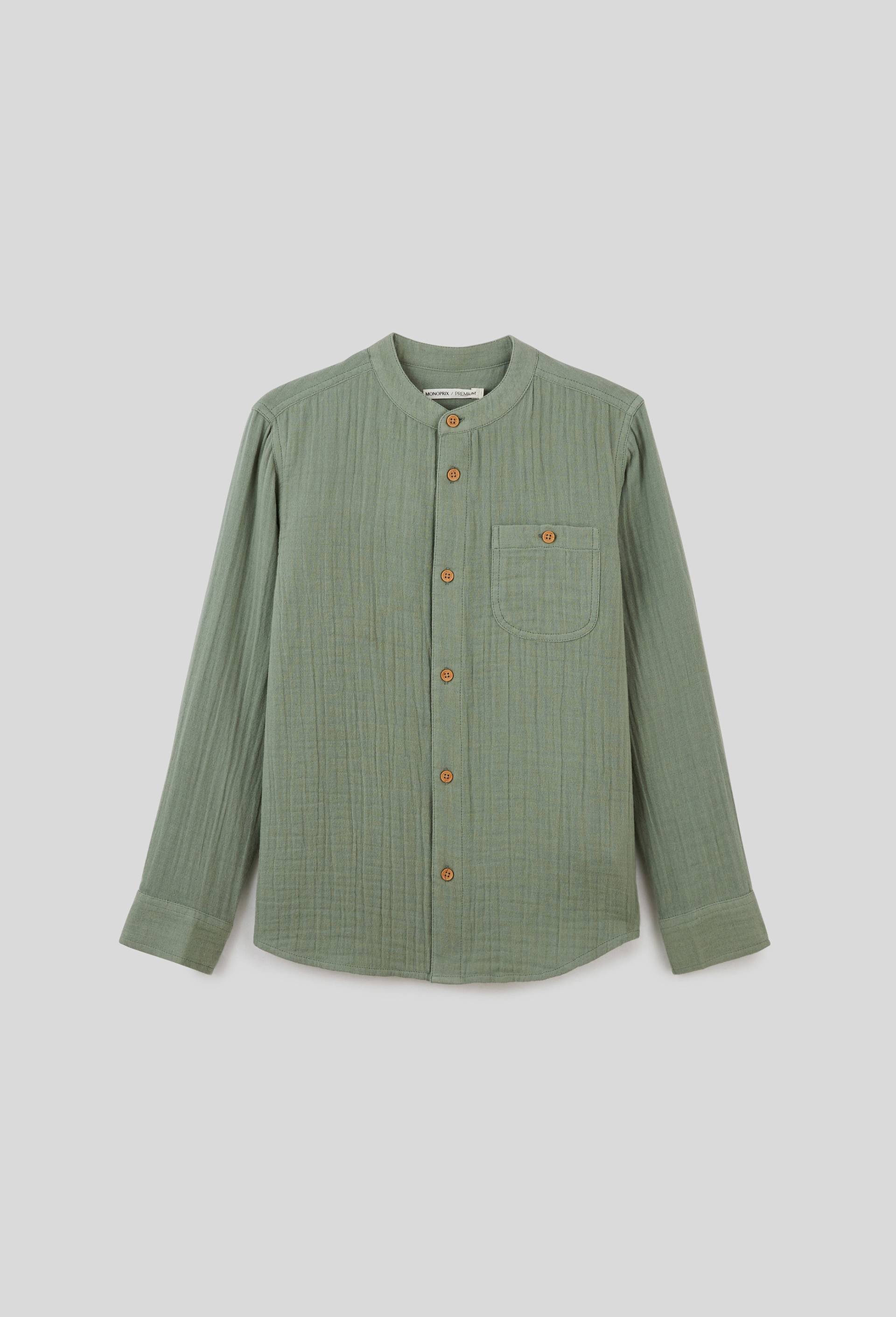 Chemise col mao unie en gaze de coton BIO GOTS, Vert, swatch image