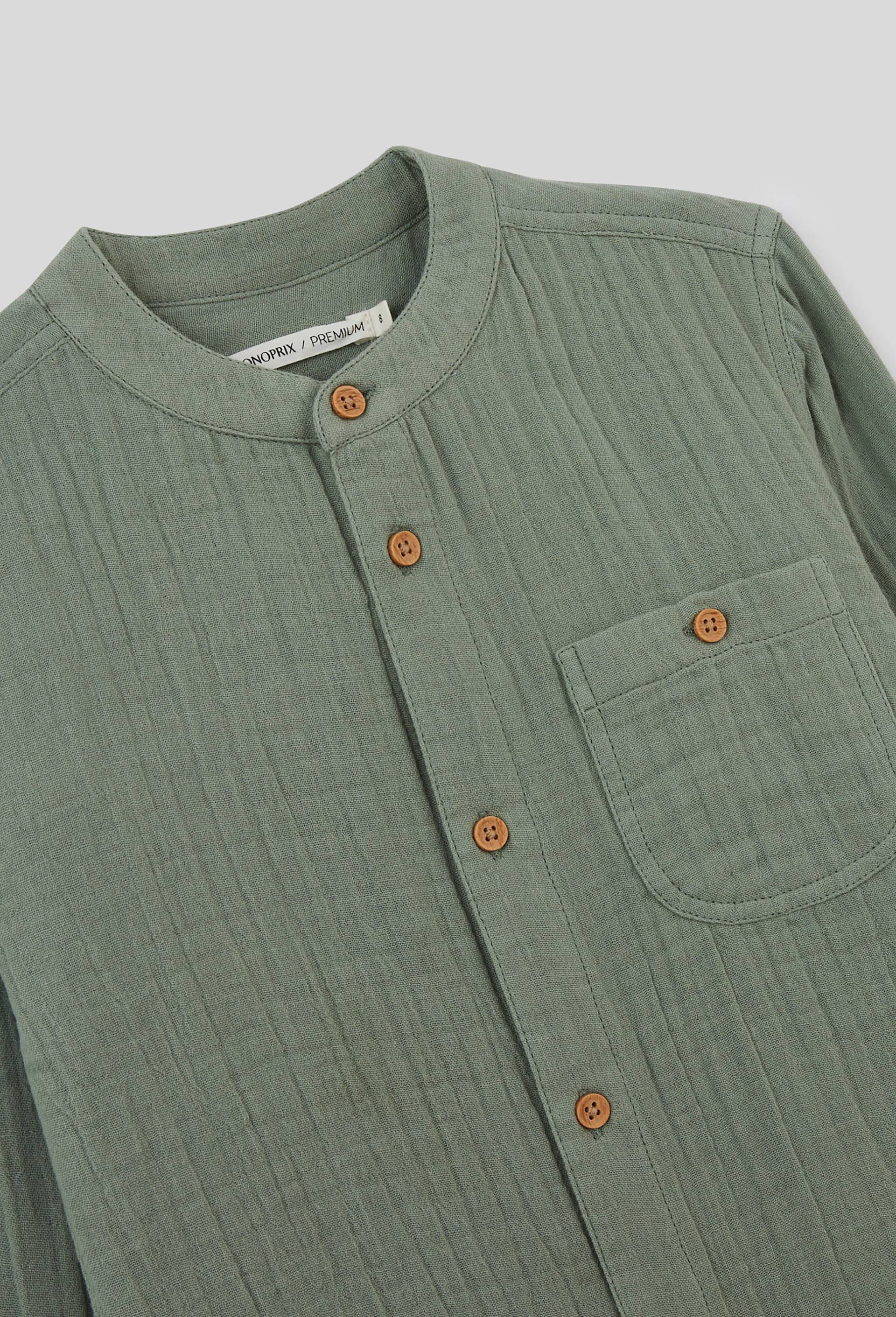 Chemise col mao unie en gaze de coton BIO GOTS, Vert, large image number 2.0