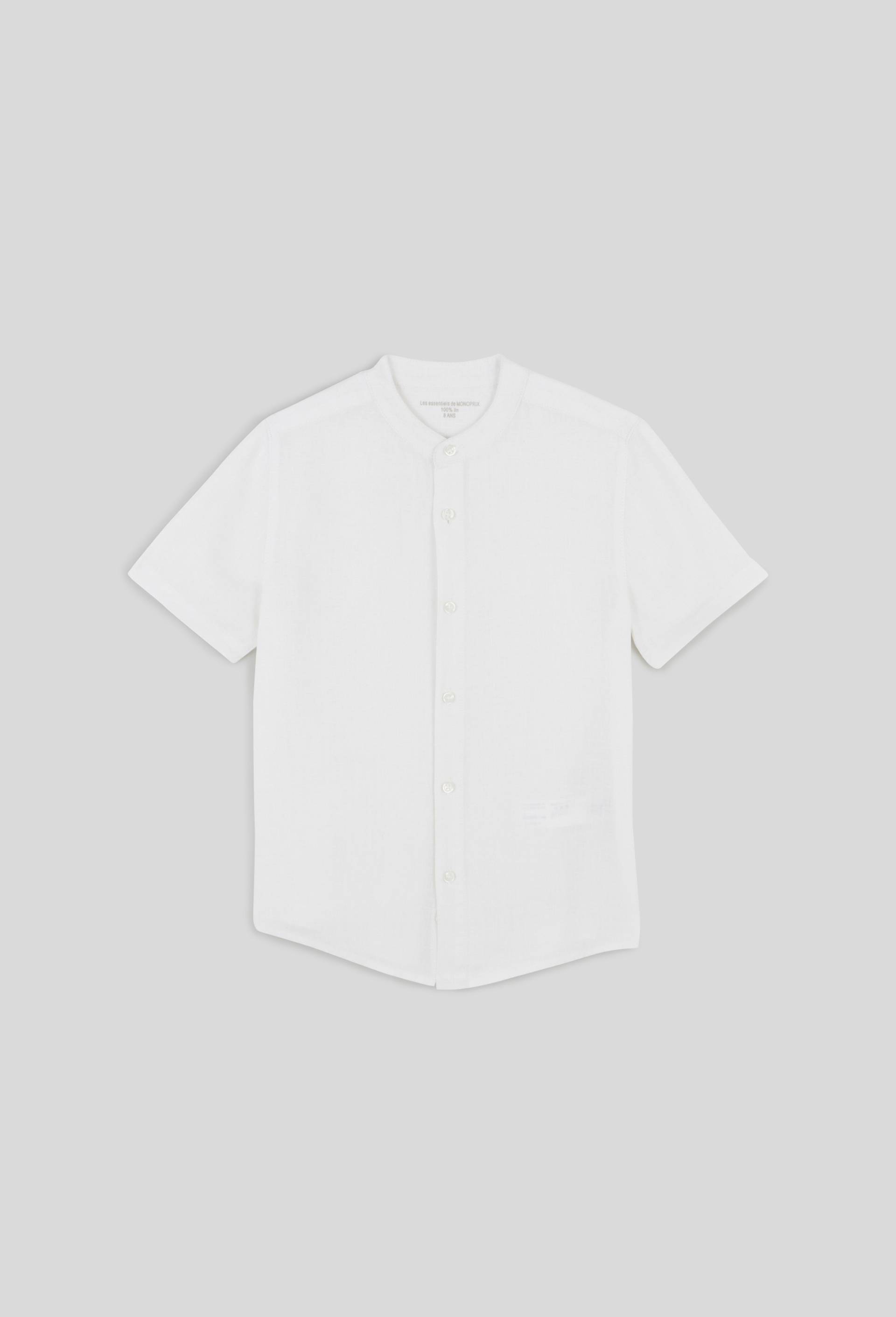Chemise manches courtes col mao en lin, Ecru, large image number 0.0