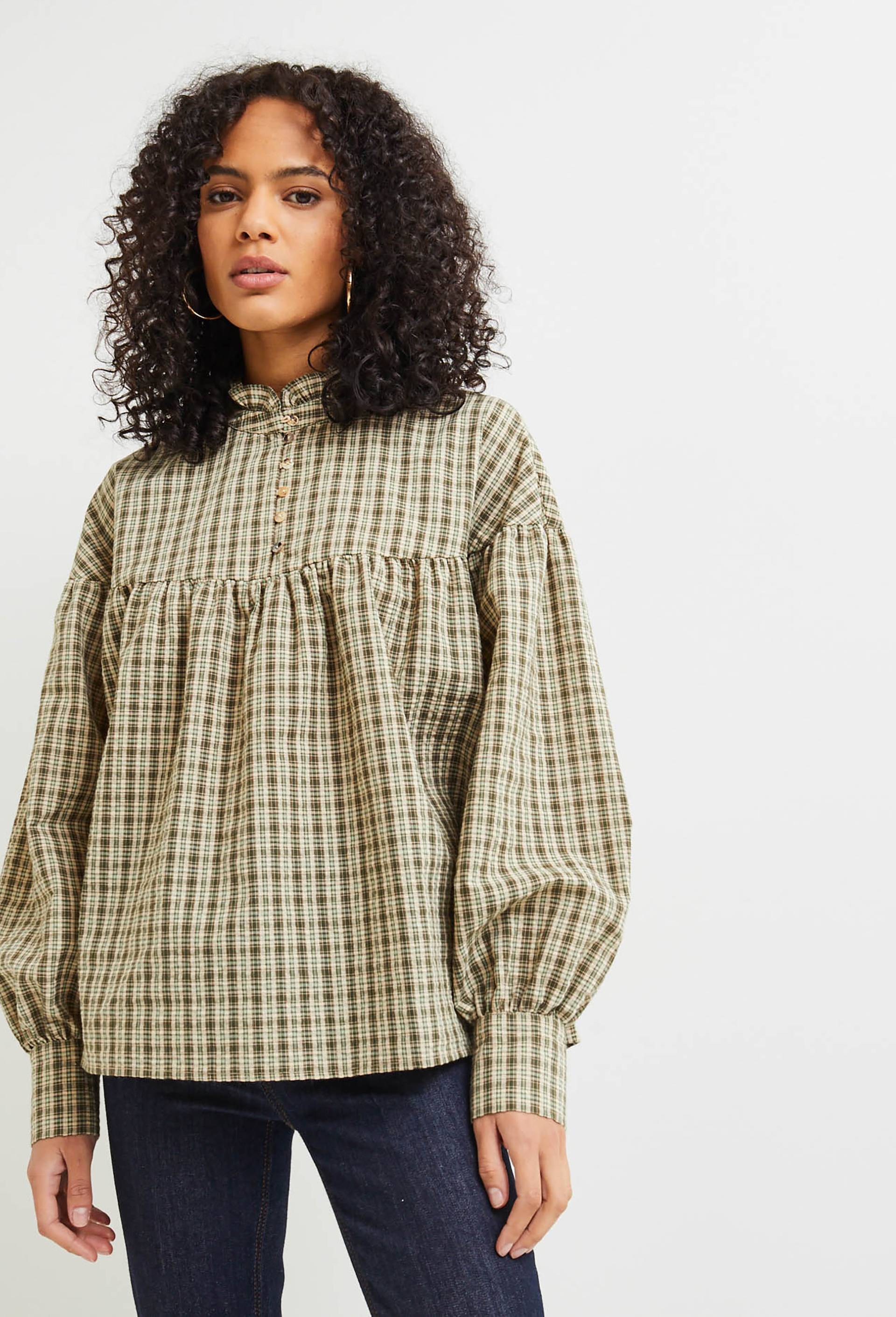 Blouse à carreaux et boutons nacre, Ecru, large image number 0