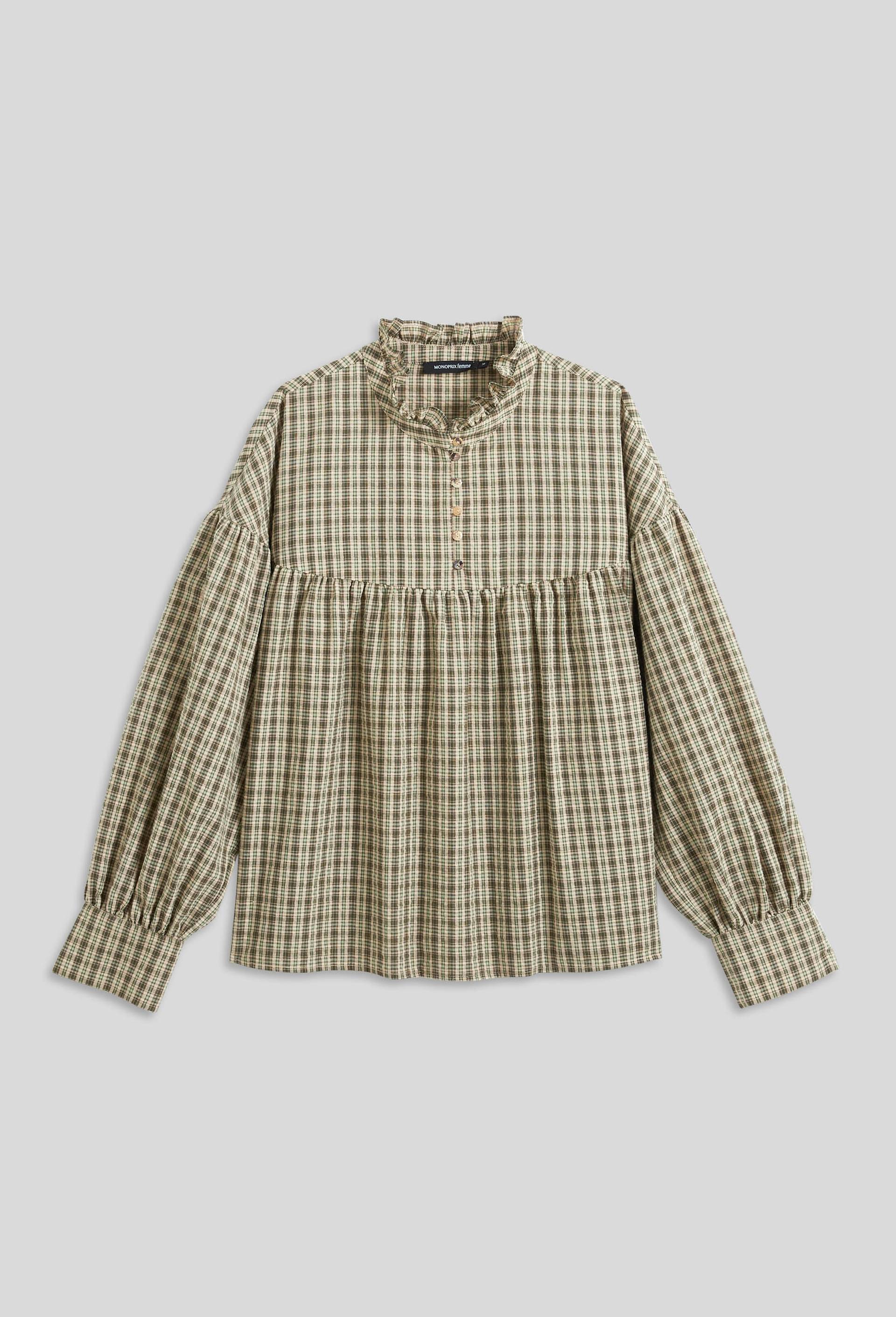 Blouse à carreaux et boutons nacre, Ecru, large image number 2.0