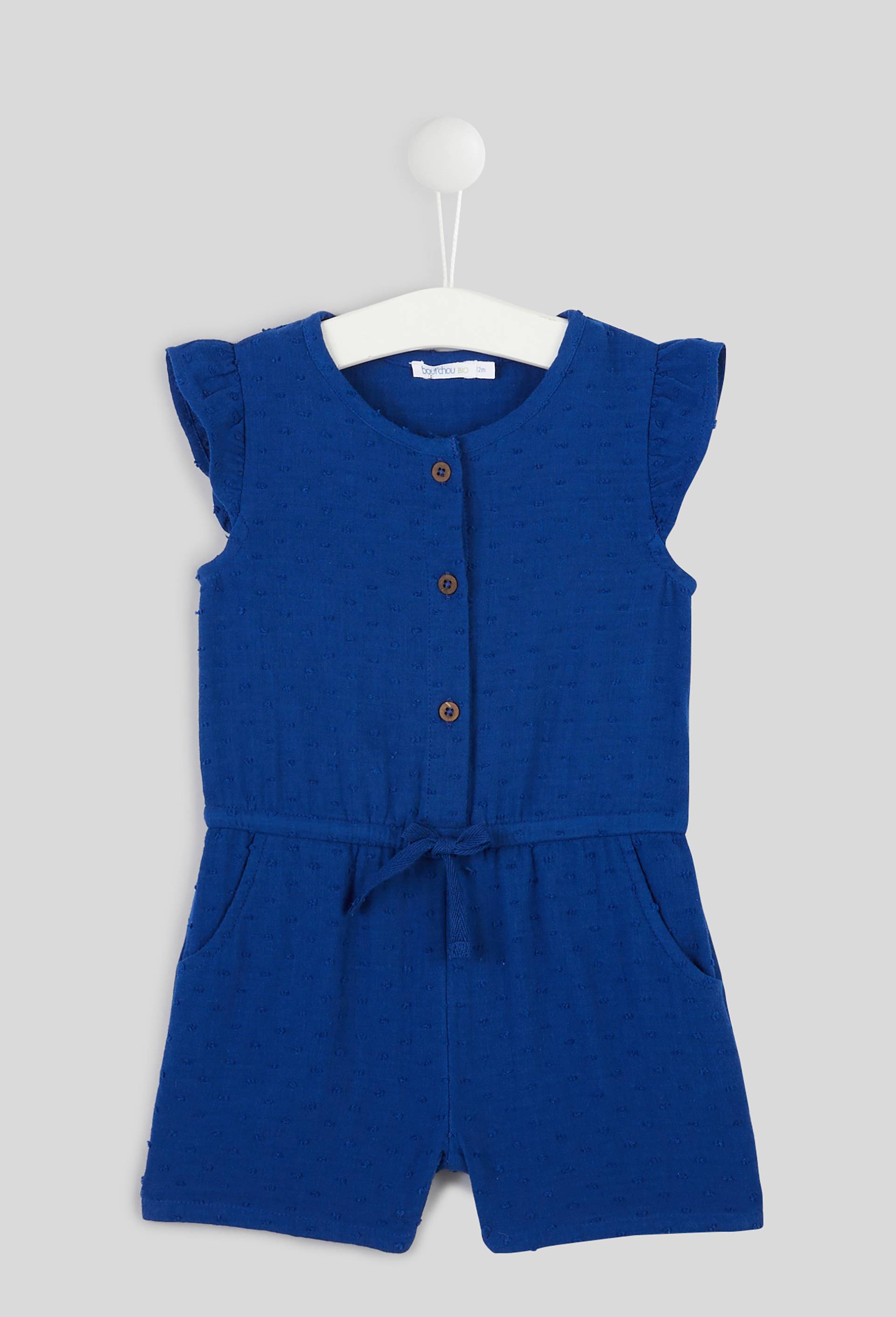 Salopette courte en plumetis et coton BIO et OEKOTEX, BLEU, large image number 0