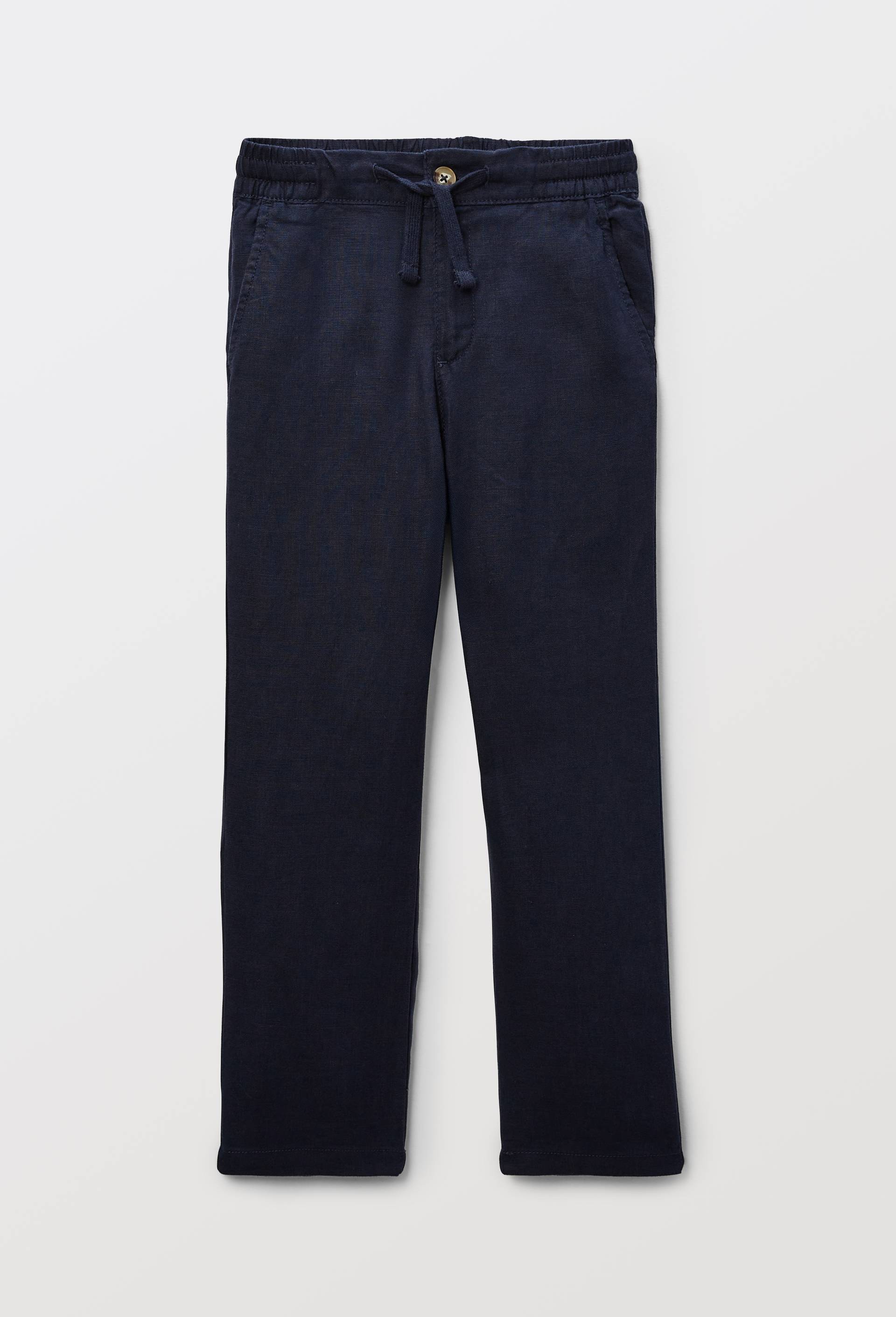 Pantalon droit uni en 100% lin, Bleu fonc&eacute;, large image number 1