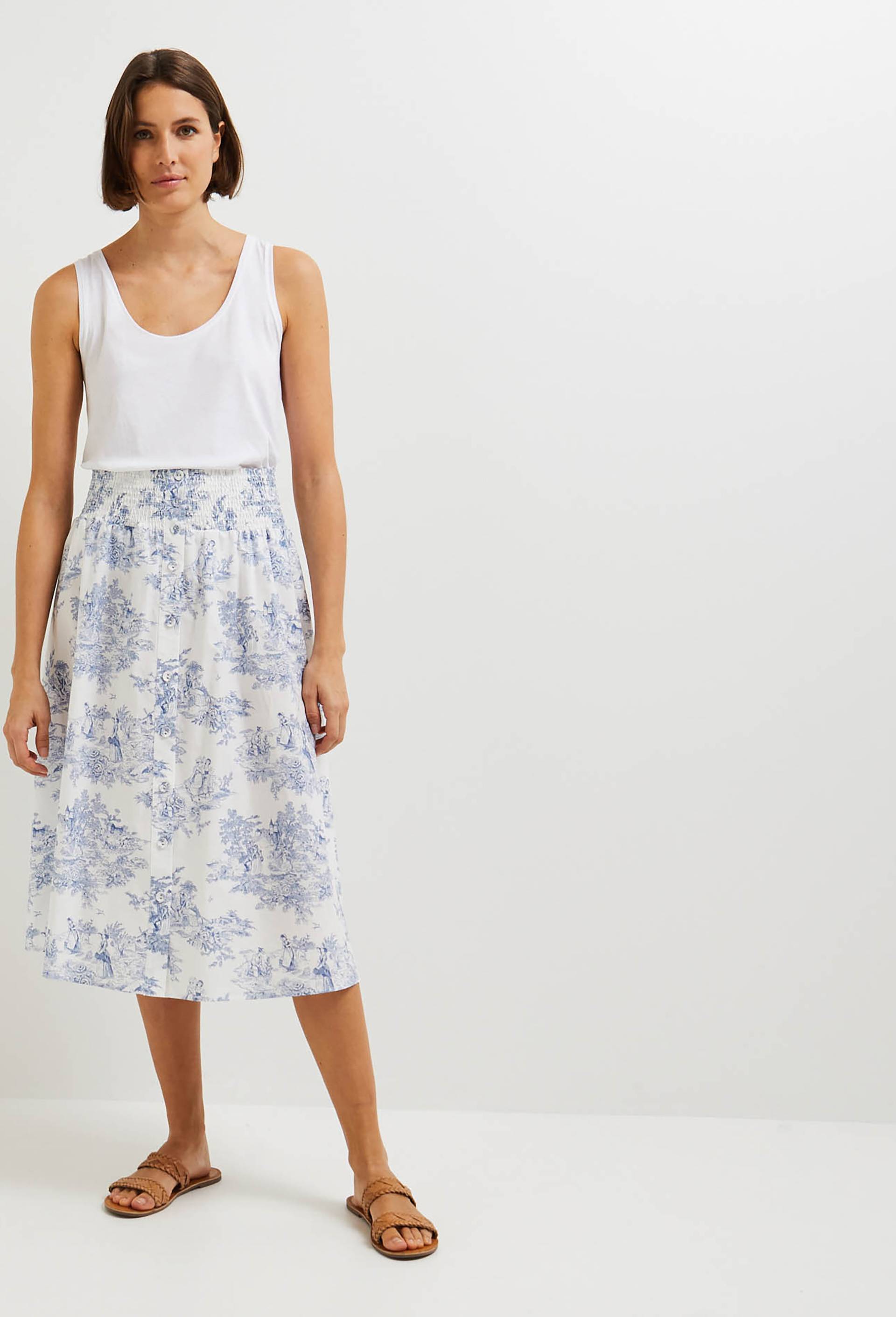 Jupe midi taille smockée en coton BIO, Blanc, large image number 1