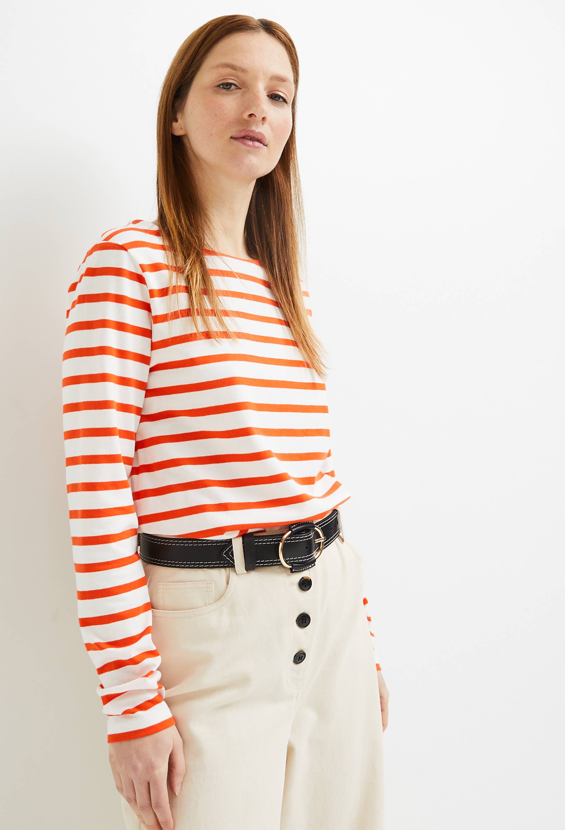 T-shirt manches longues rayé en coton BIO, Orange, large image number 0.0