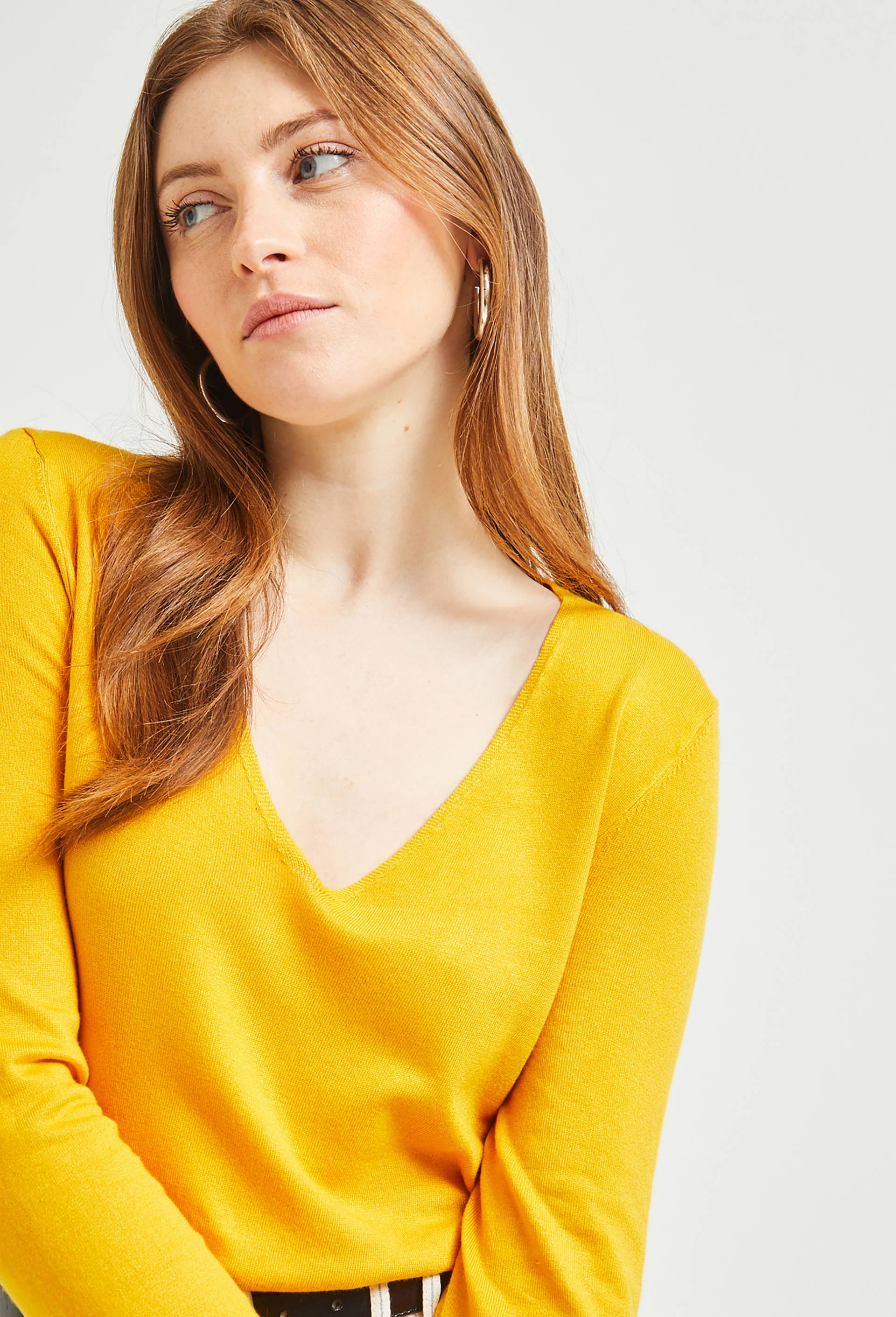 Pull col V uni, Jaune, swatch image