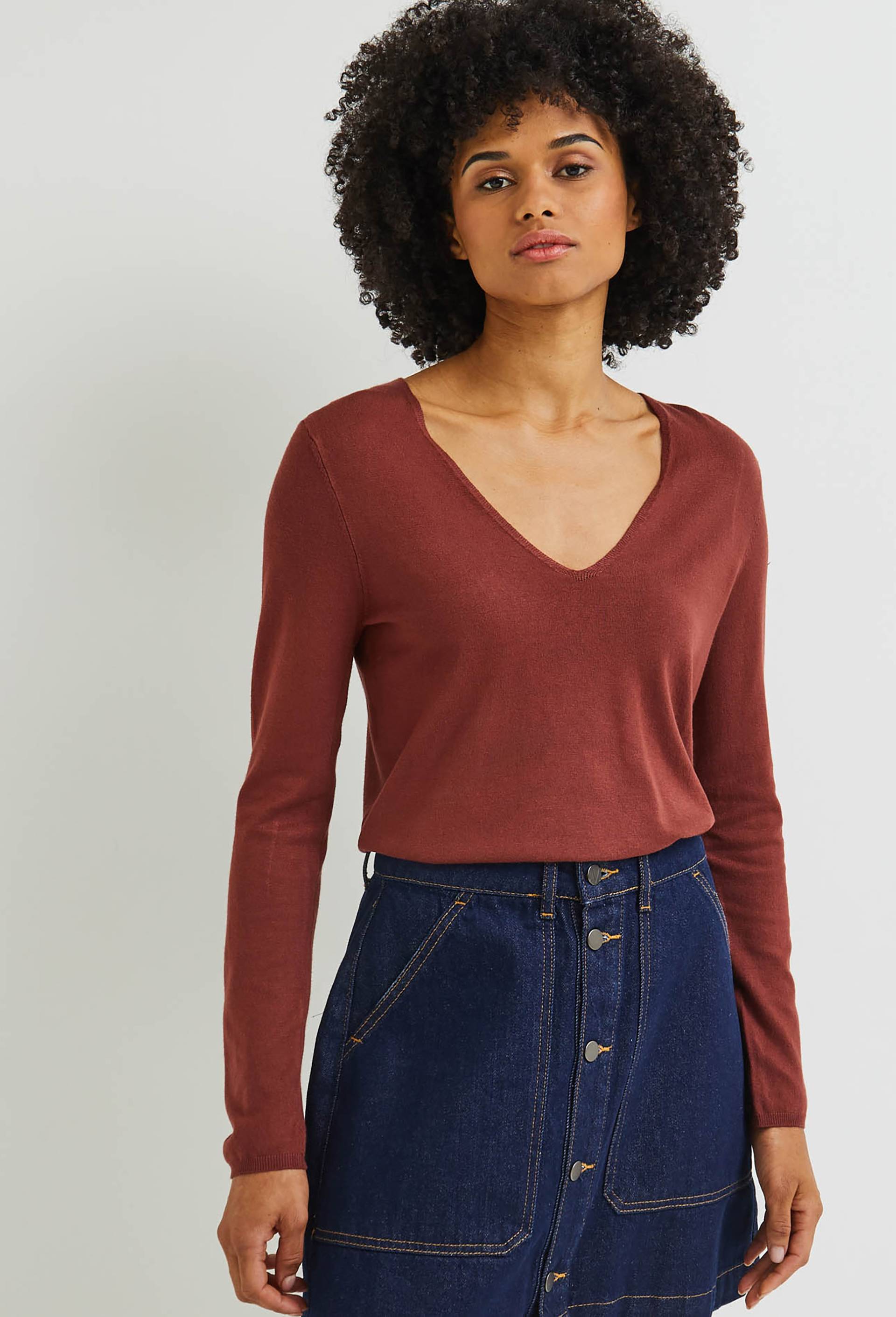 Pull col V uni, Brun, swatch image