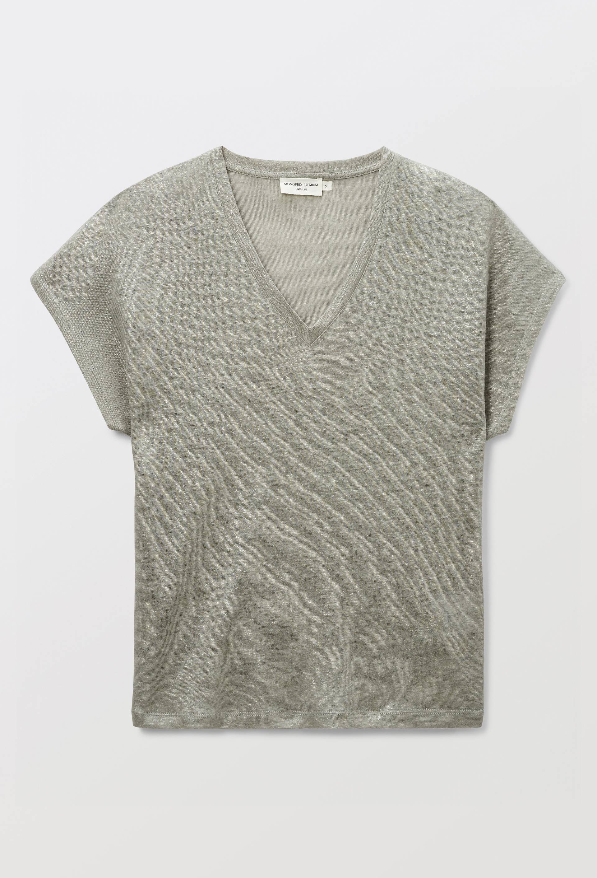 T-shirt manches courtes m&eacute;tallis&eacute; en lin, Gris, large image number 2.0