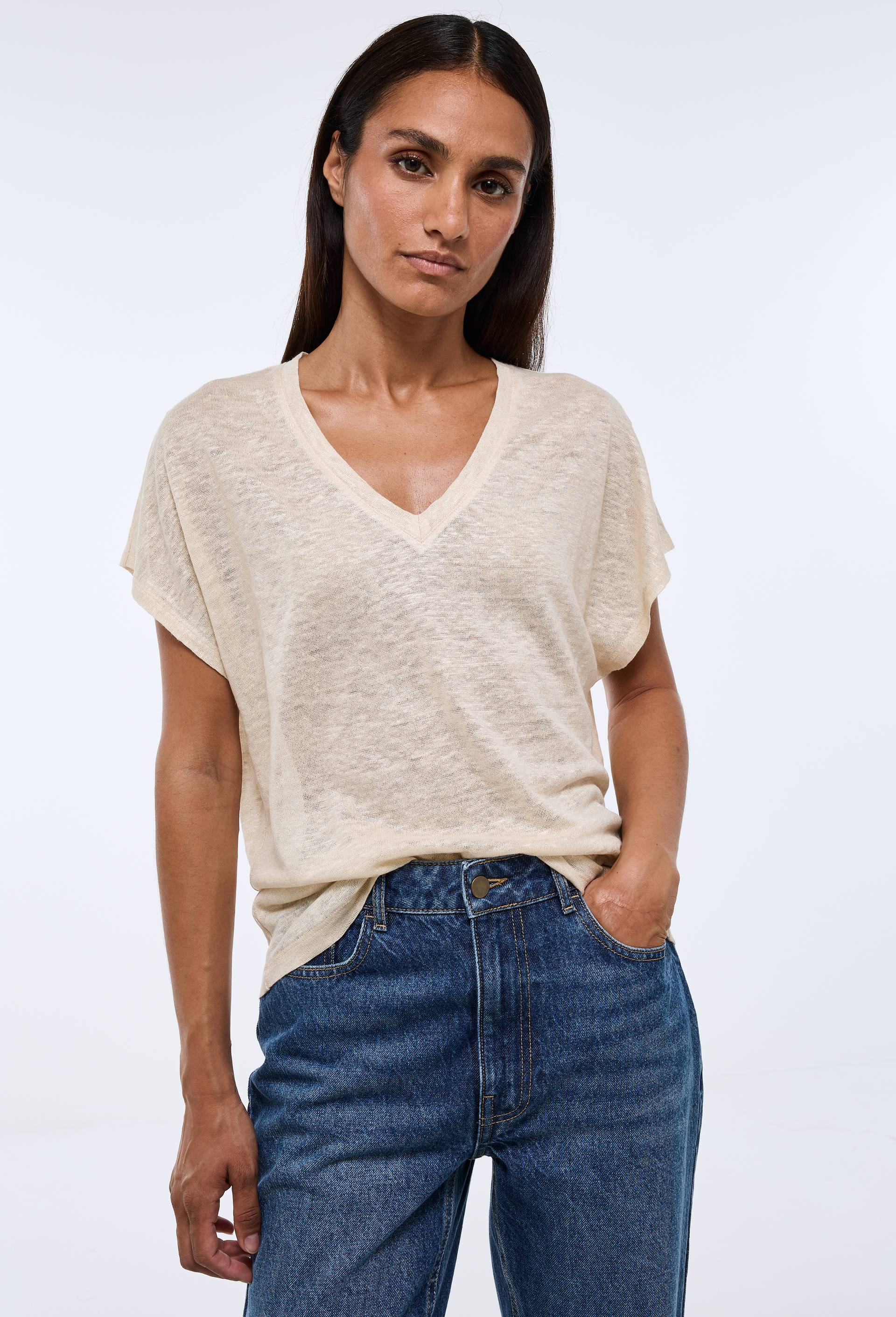 T-shirt manches courtes m&eacute;tallis&eacute; en lin, Beige clair, large image number 0