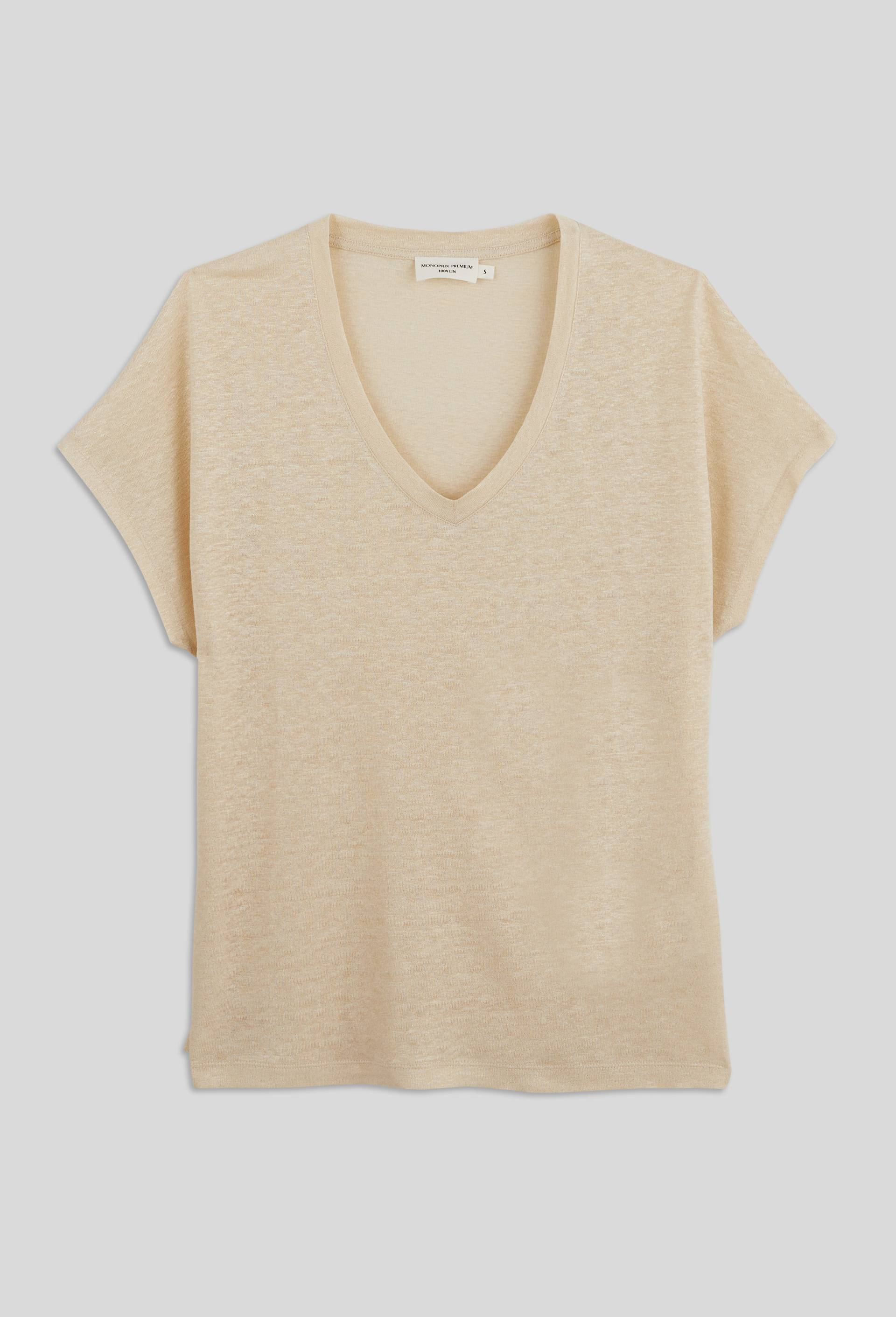 T-shirt manches courtes m&eacute;tallis&eacute; en lin, Beige clair, large image number 2.0