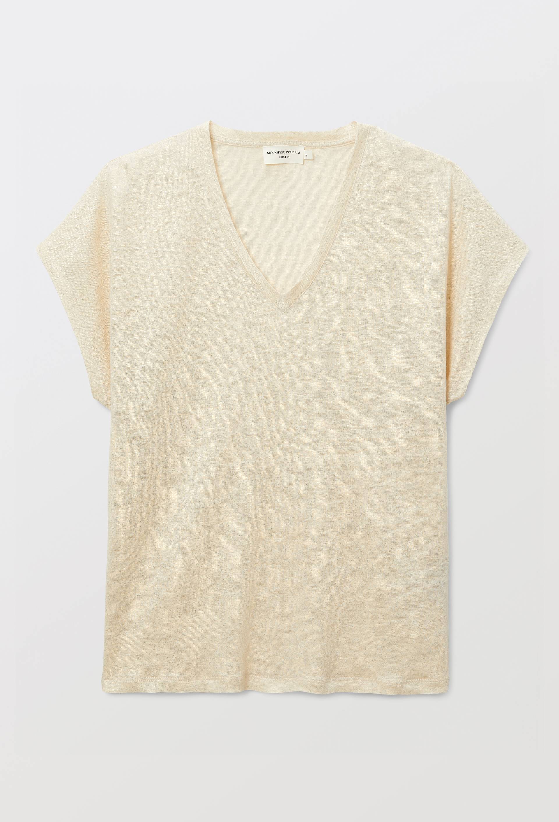 T-shirt manches courtes m&eacute;tallis&eacute; en lin, Beige clair, large image number 2