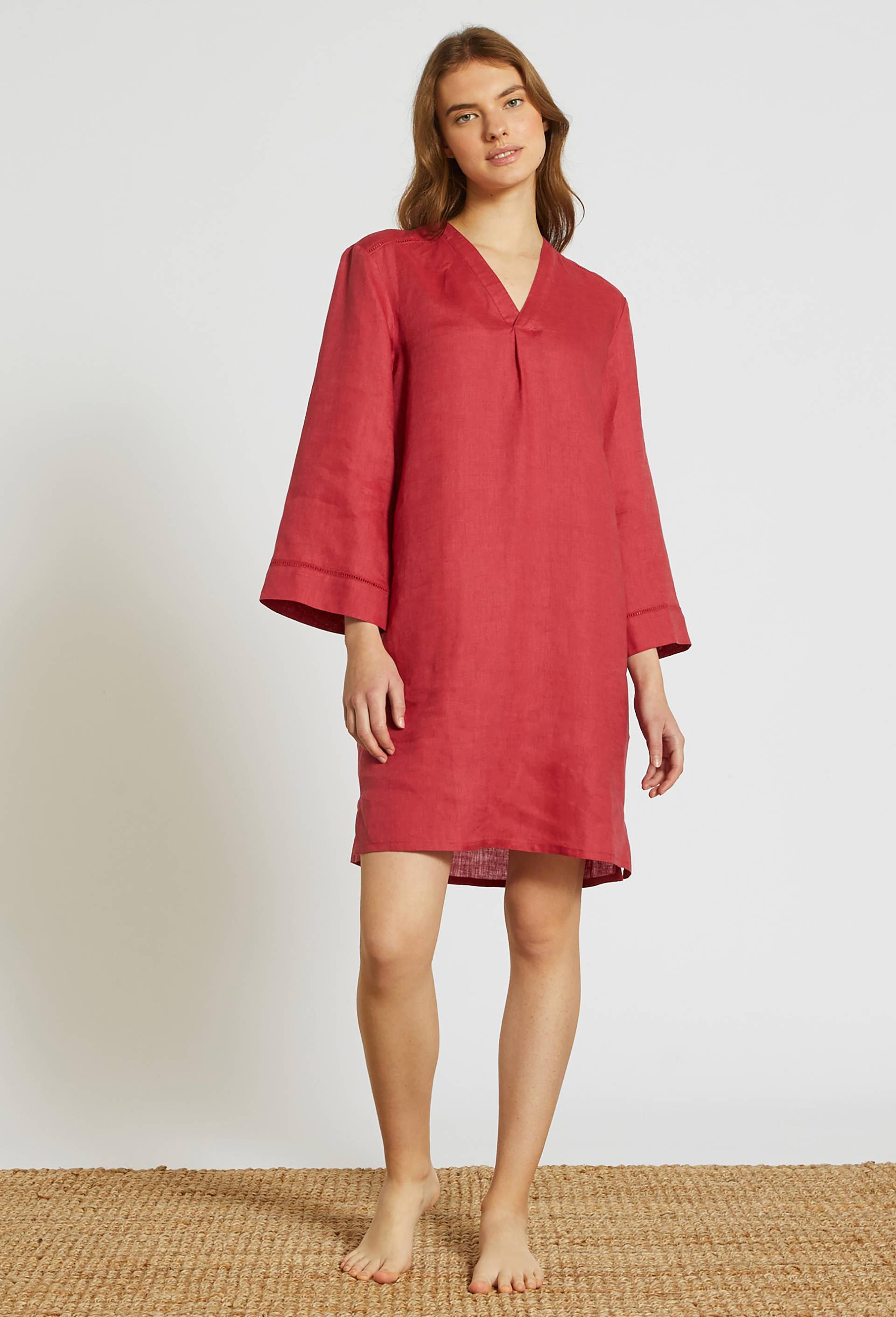 Chemise de nuit col V et détails jour échelle en lin, European Flax, Rose foncé, large image number 0.0
