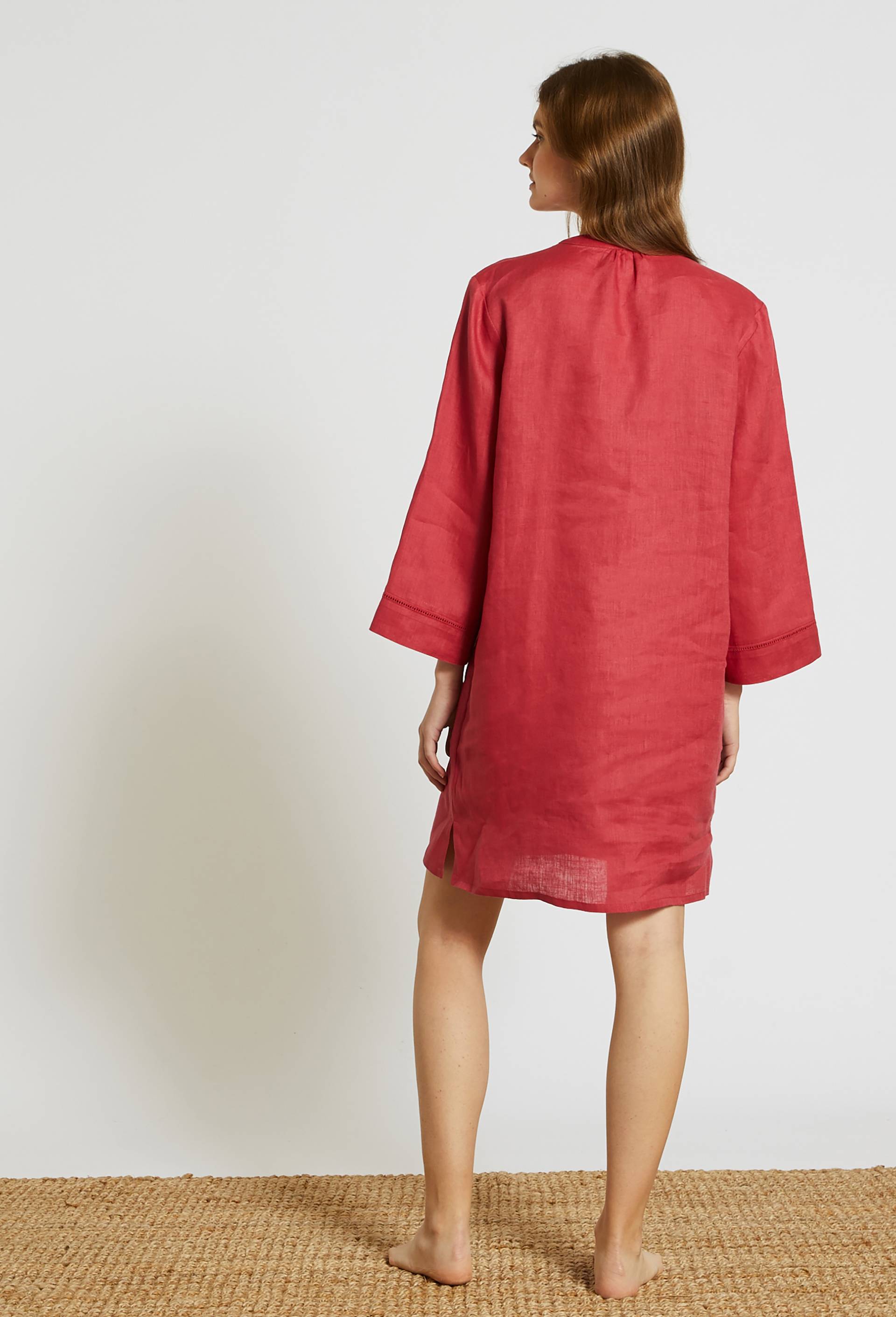 Chemise de nuit col V et détails jour échelle en lin, European Flax, Rose foncé, large image number 1.0