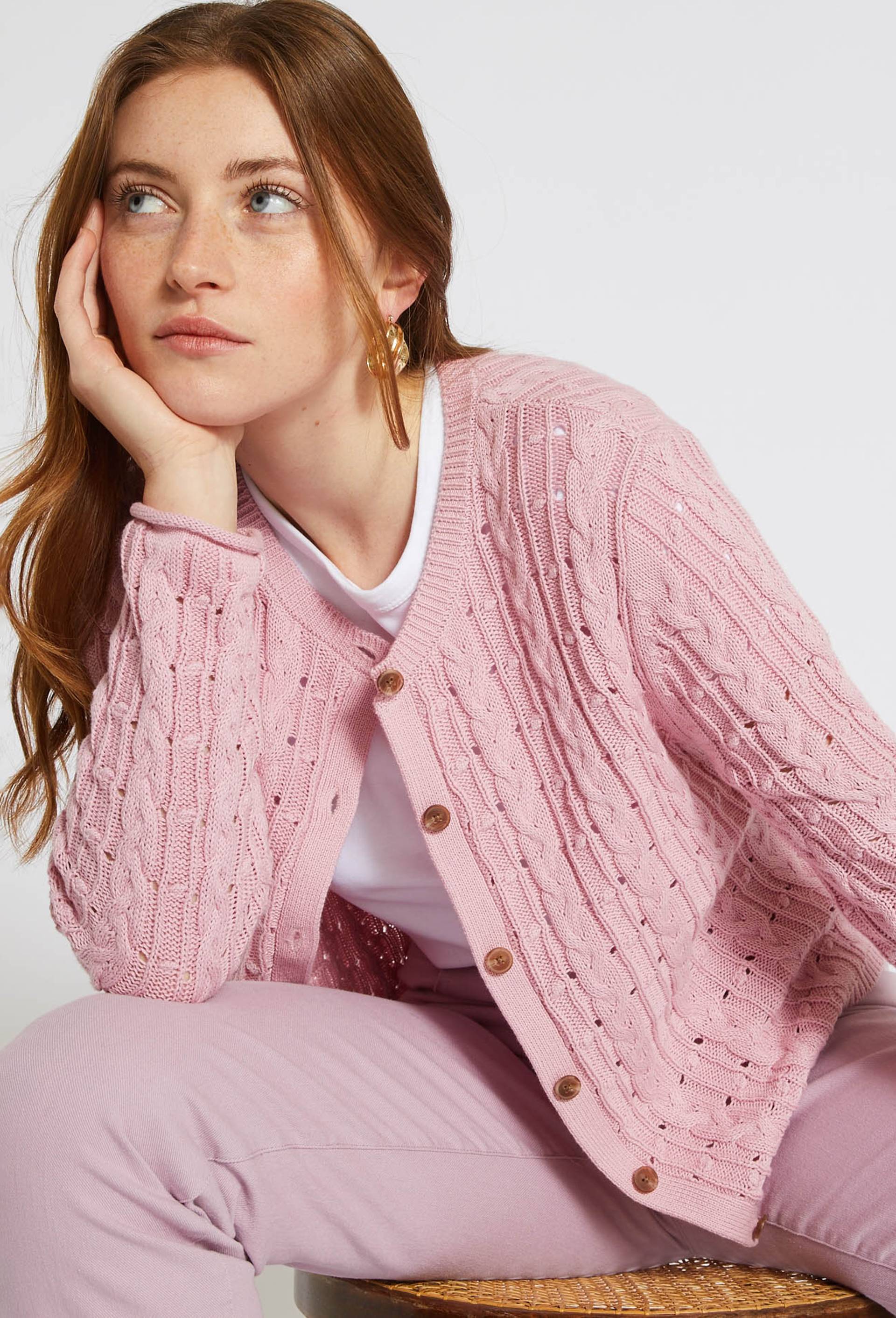 Cardigan boutonné à torsades en coton BIO, Rose, large image number 0.0