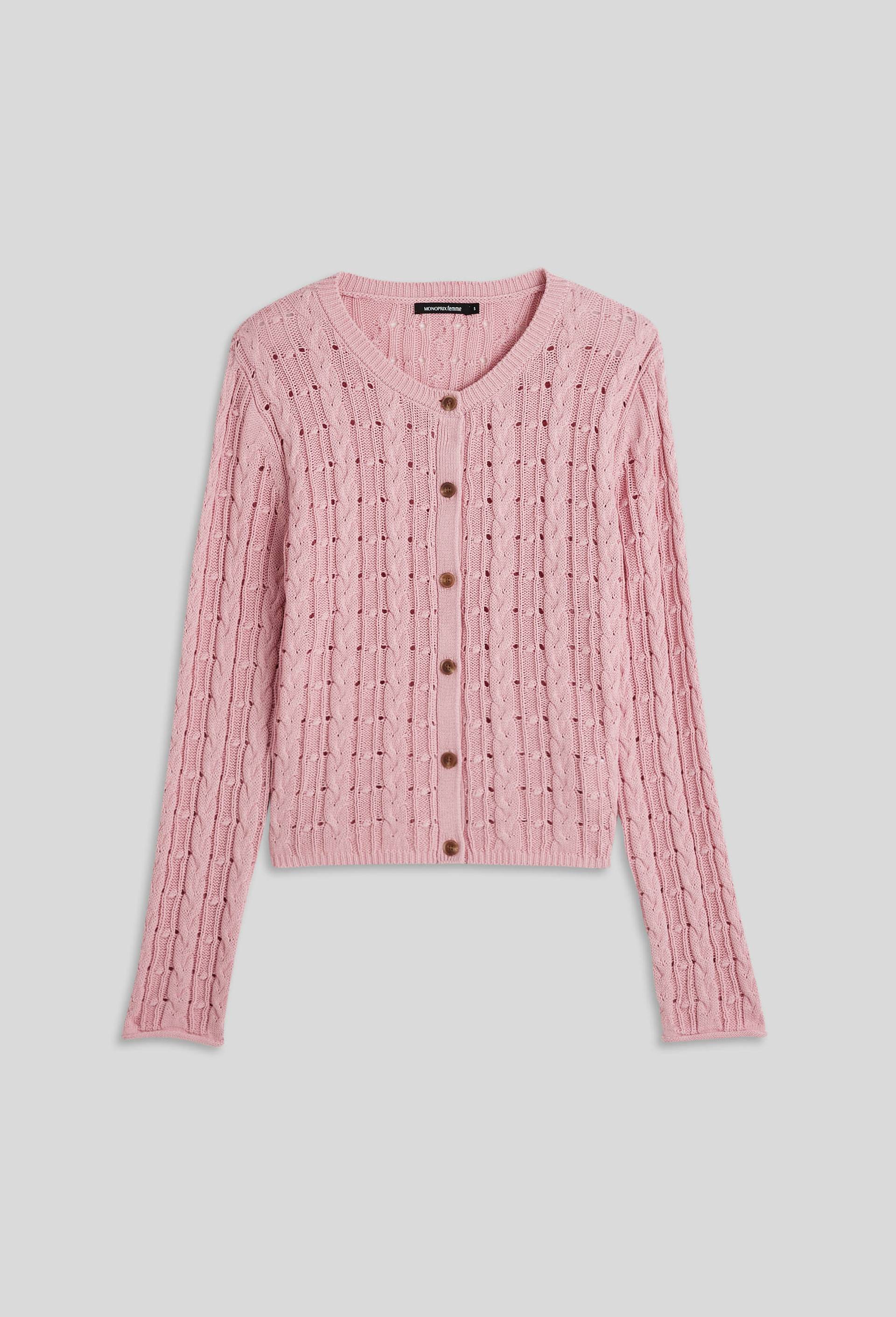 Cardigan boutonné à torsades en coton BIO, Rose, large image number 2.0