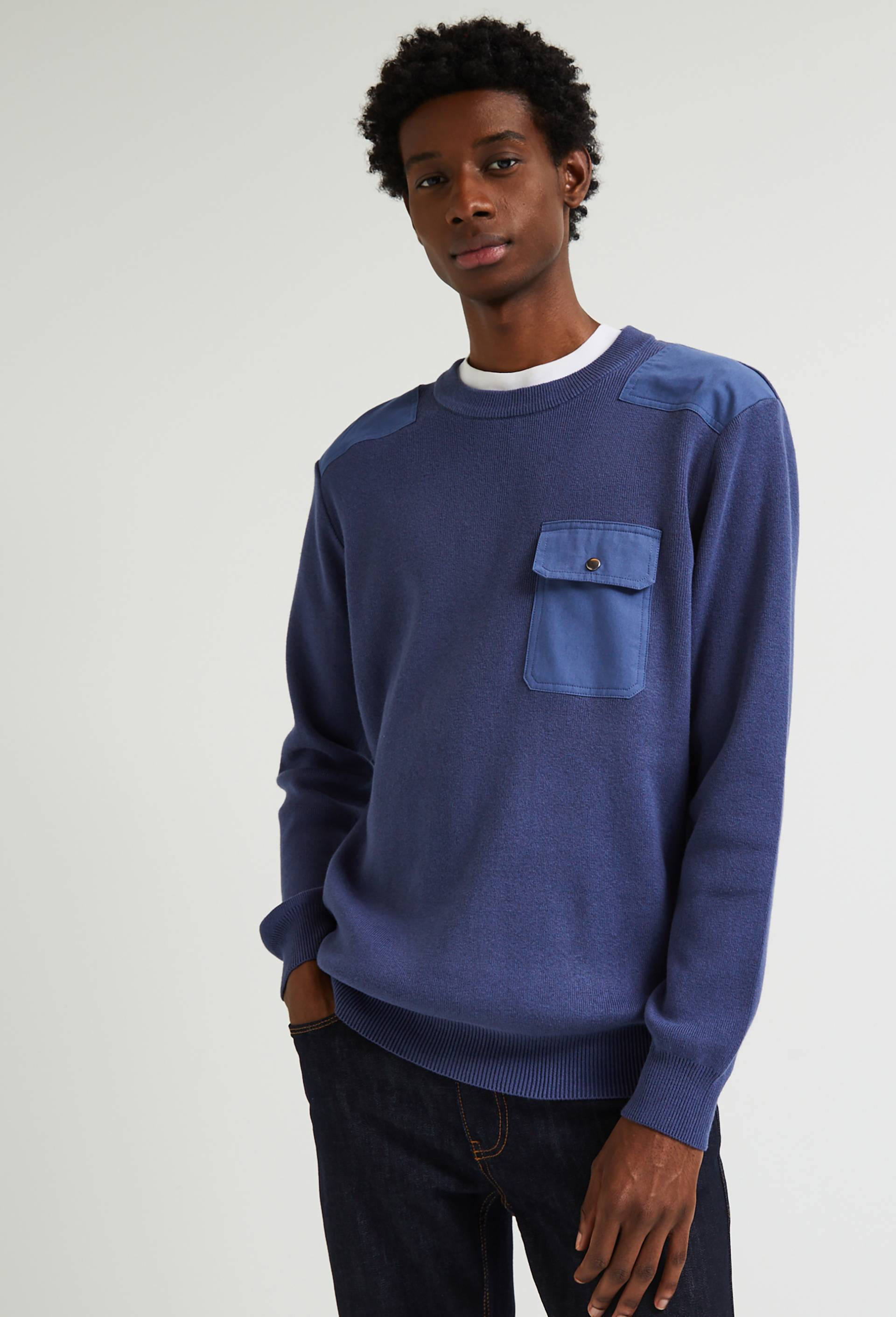 Pull en coton et cachemire avec des patchs épaule, Oekotex, Bleu foncé, large image number 0