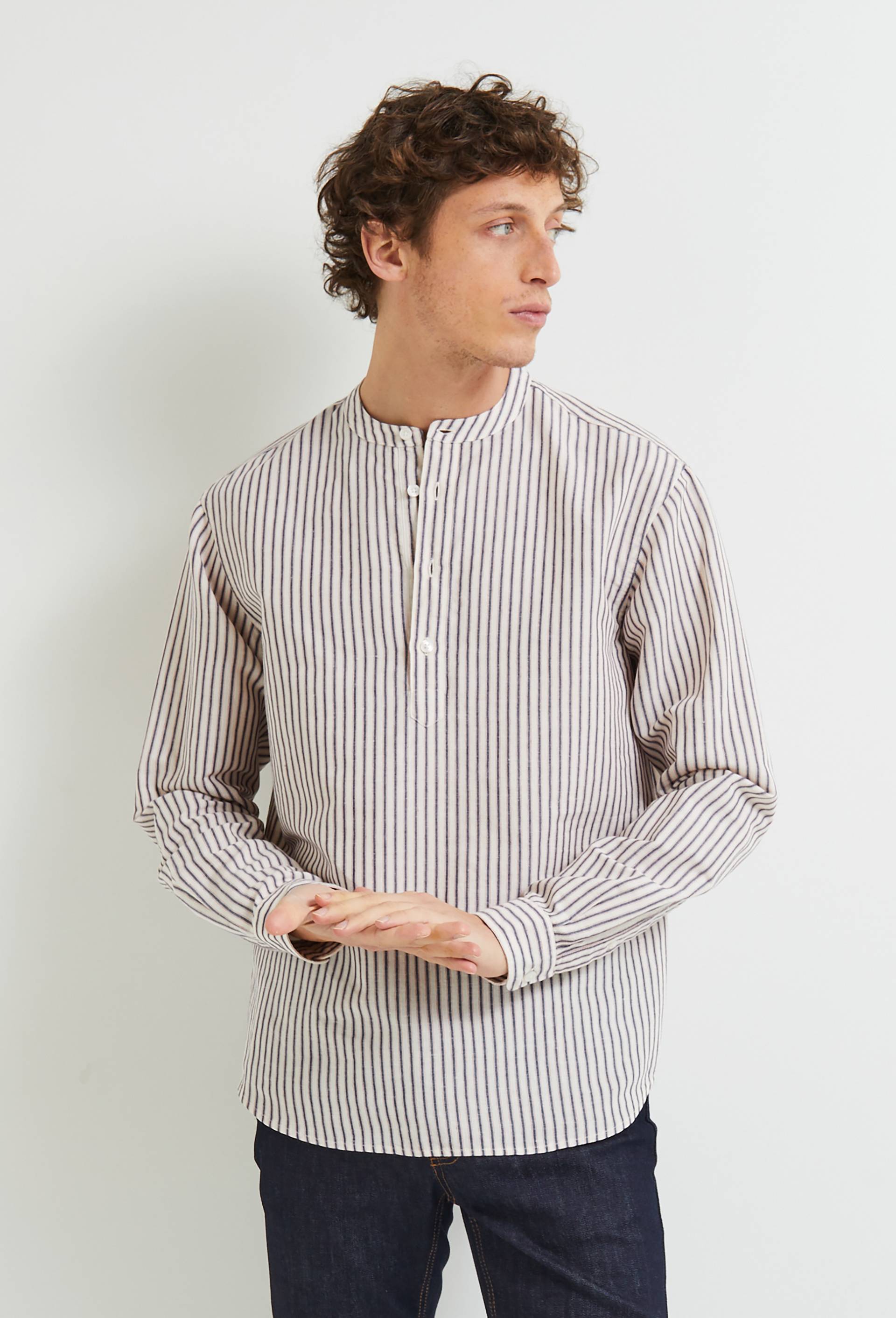 Chemise vareuse ray&eacute;e en lin et coton, Oeko-tex, Ecru, large image number 0