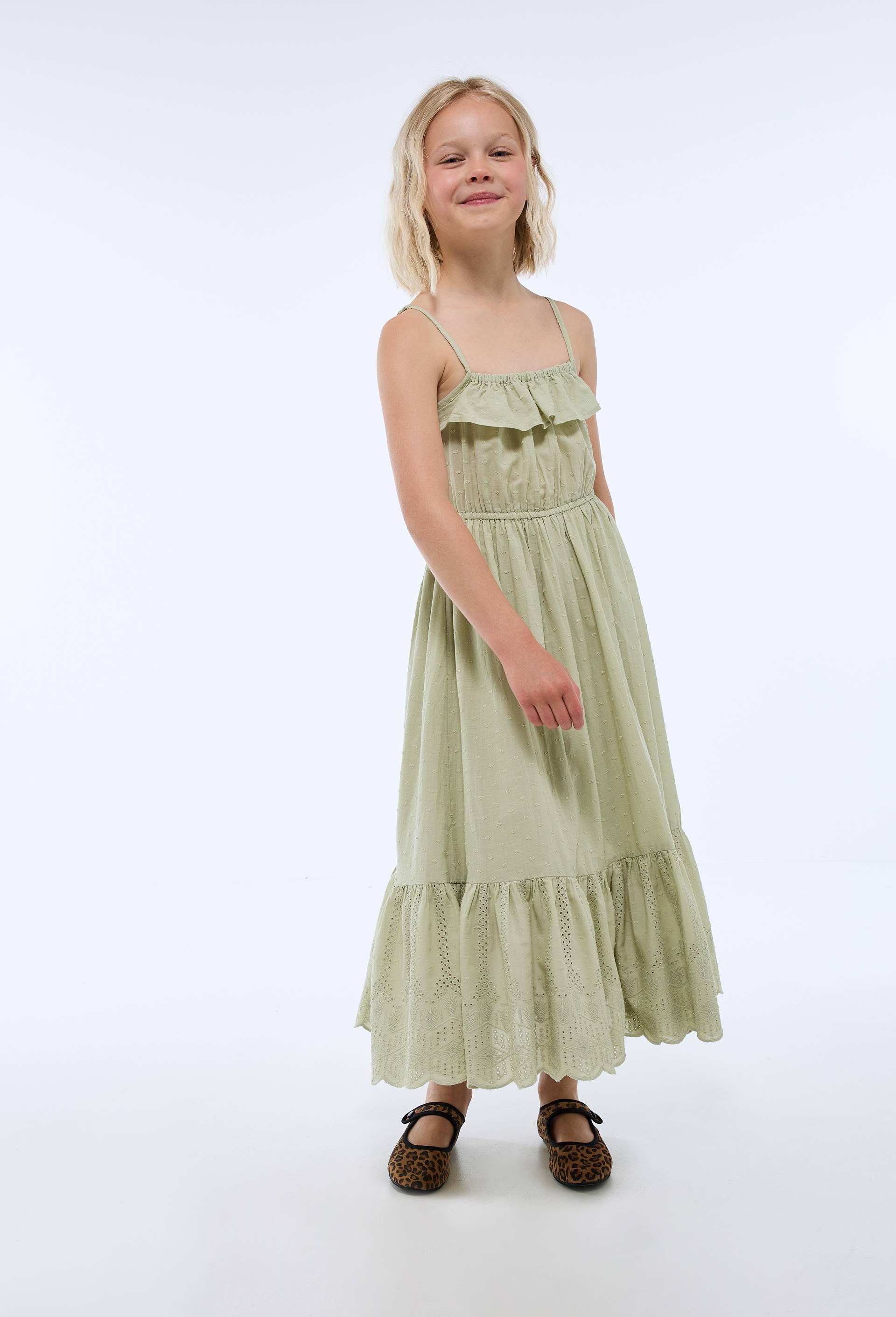 Robe longue &agrave; bretelles et broderies en coton, Vert clair, large image number 0