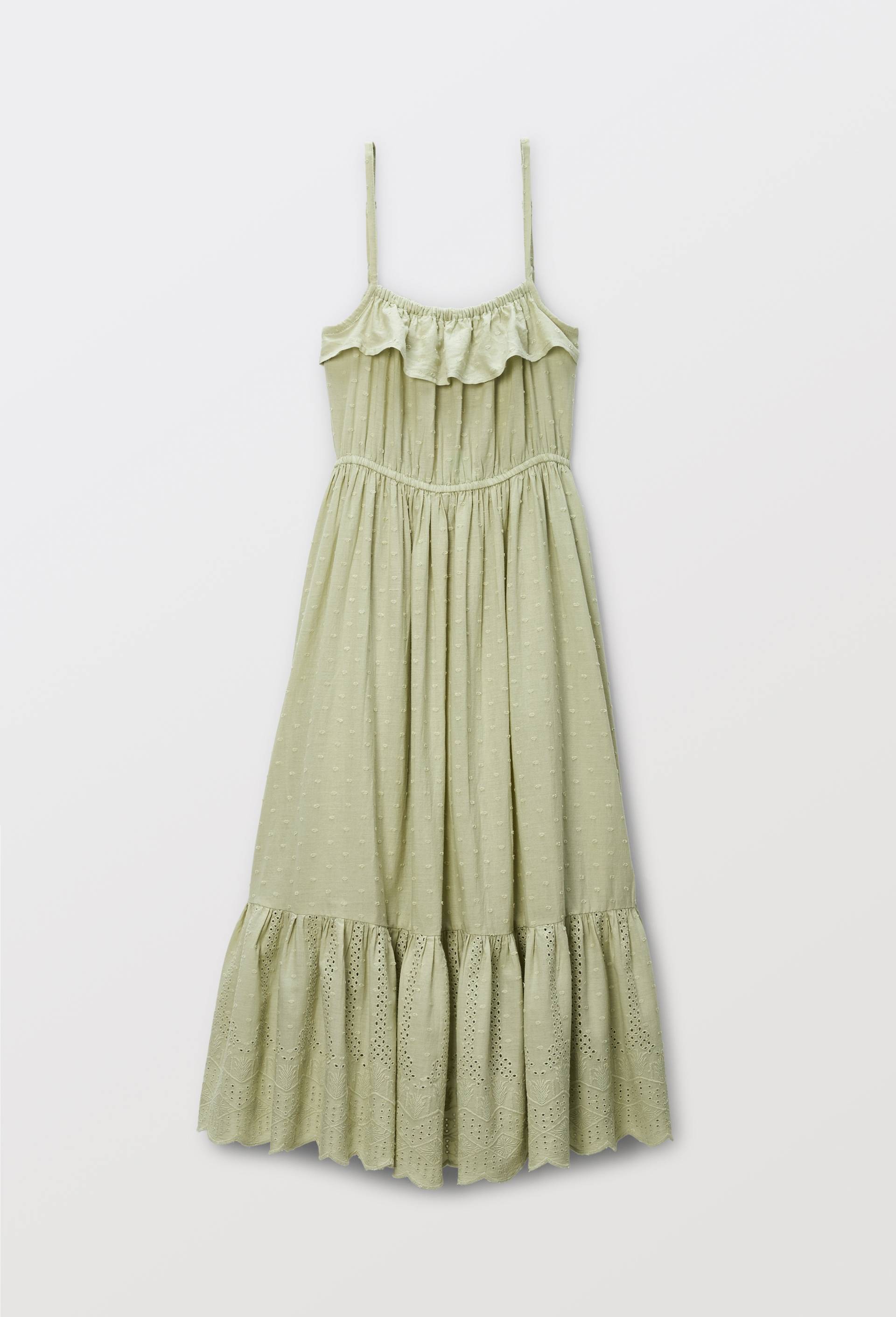 Robe longue &agrave; bretelles et broderies en coton, Vert clair, large image number 1