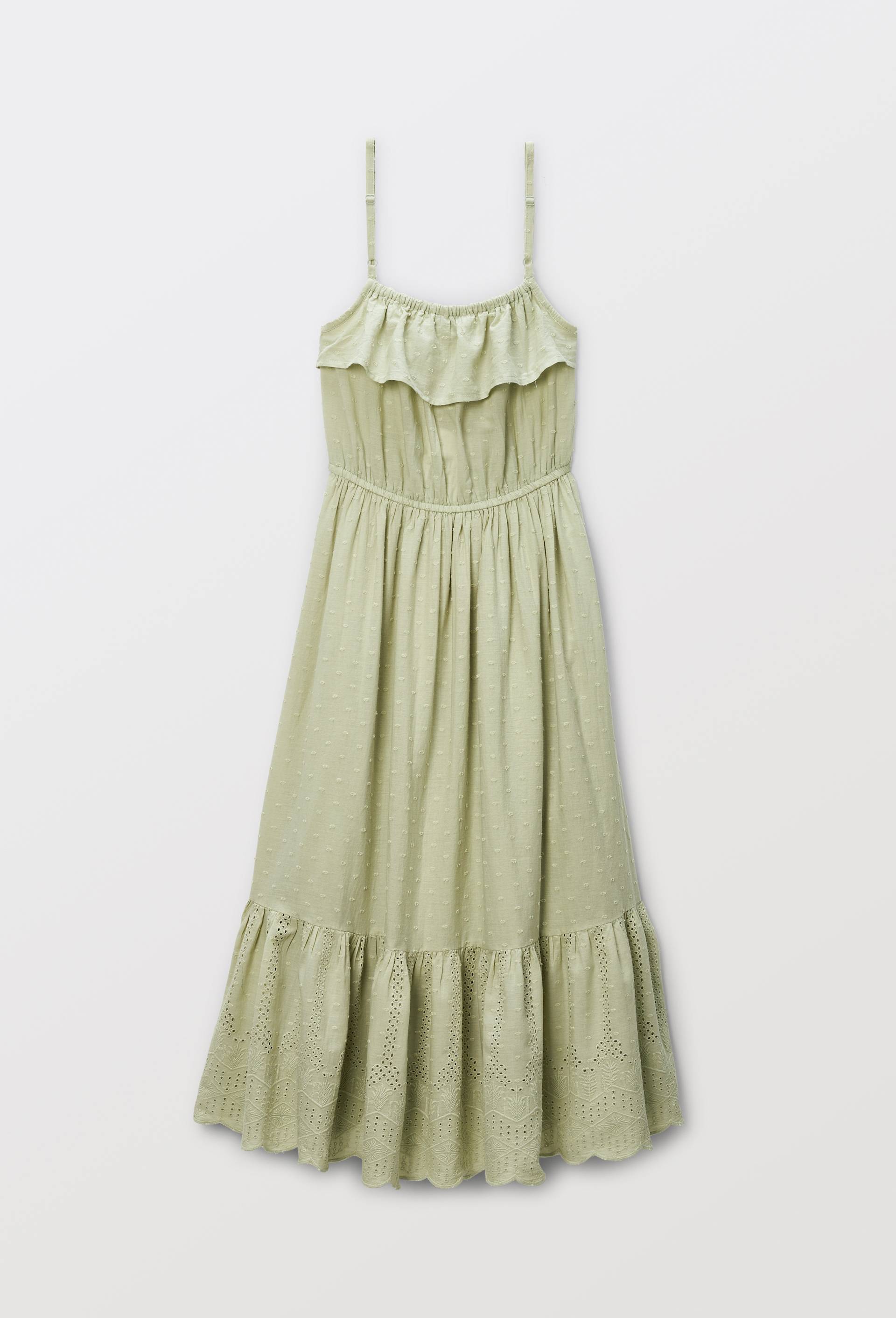 Robe longue &agrave; bretelles et broderies en coton, Vert clair, large image number 2